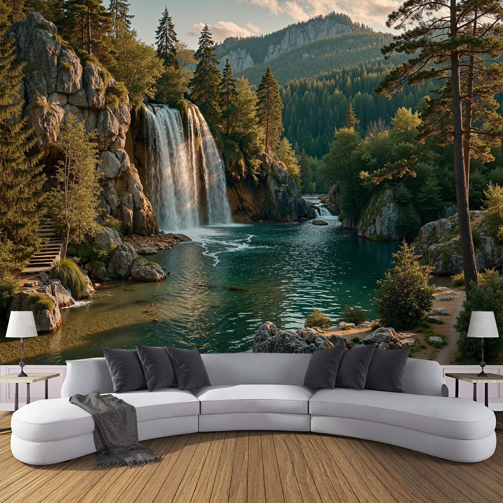 Papier peint panoramique cascades ruisseaux forestiers poster mural vert