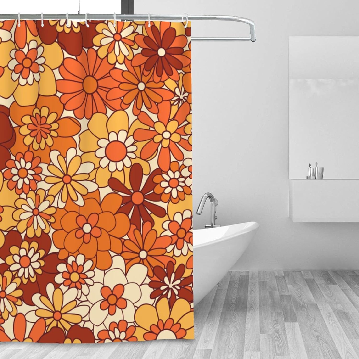 Ohocut Orange Floral Shower Curtain, Retro Boho Shower Curtains for Bathroom Aesthetic, Cute Groovy Flower Bath Curtains, Waterproof Polyester Fabric Fall Shower Curtain 72x72 Inch