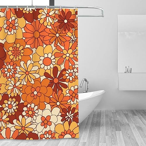 Miniatura 2 de Cortina de ducha floral naranja, cortinas de ducha retro bohemias para baño, bonitas cortinas de baño de flores geniales, cortina de ducha de otoño