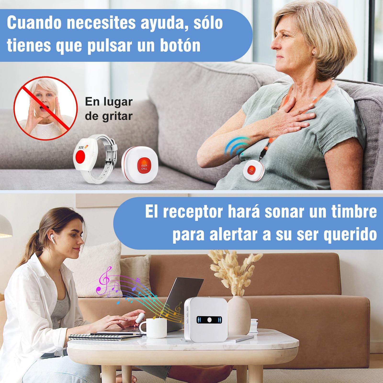 Daytech Avisador Personas Mayores,Boton Emergencia Ancianos,El Boton Llamada Emergencia es Adecuado para Familiares Que Necesitan ser Atendidos en Casa(1Receptor + 1 Botón + 1 Pulsera)