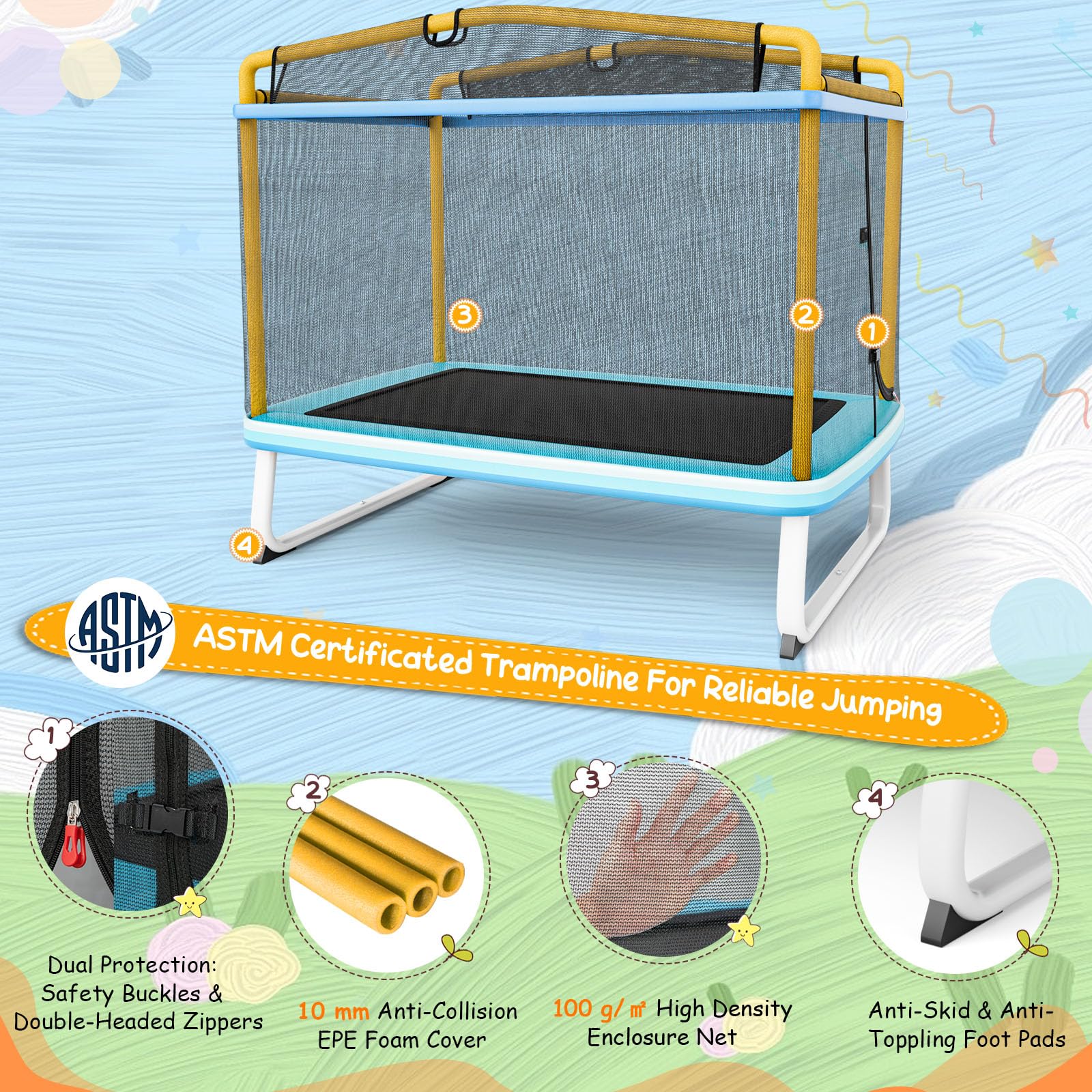 LIFEZEAL 3 en 1 Trampoline Enfant avec Balançoire Amovible & Barre Horizontale, Trampoline Extérieur 190x124x172 cm avec Charge de 200 kg pour 2-3 Enfants