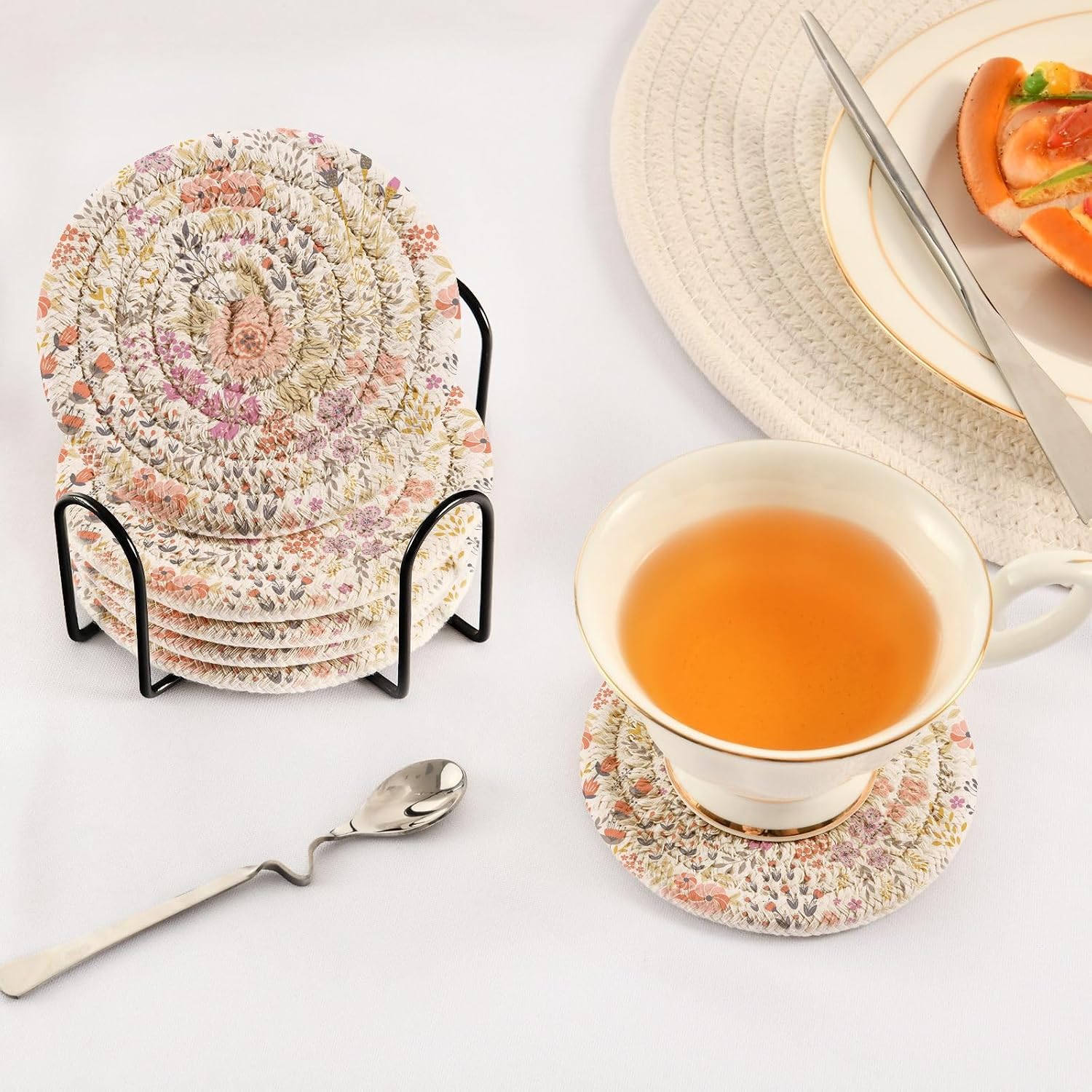 Woven Coasters for Drinks Absorbent Cup Coaster Set with Holder for Wooden Table Living Room Decor