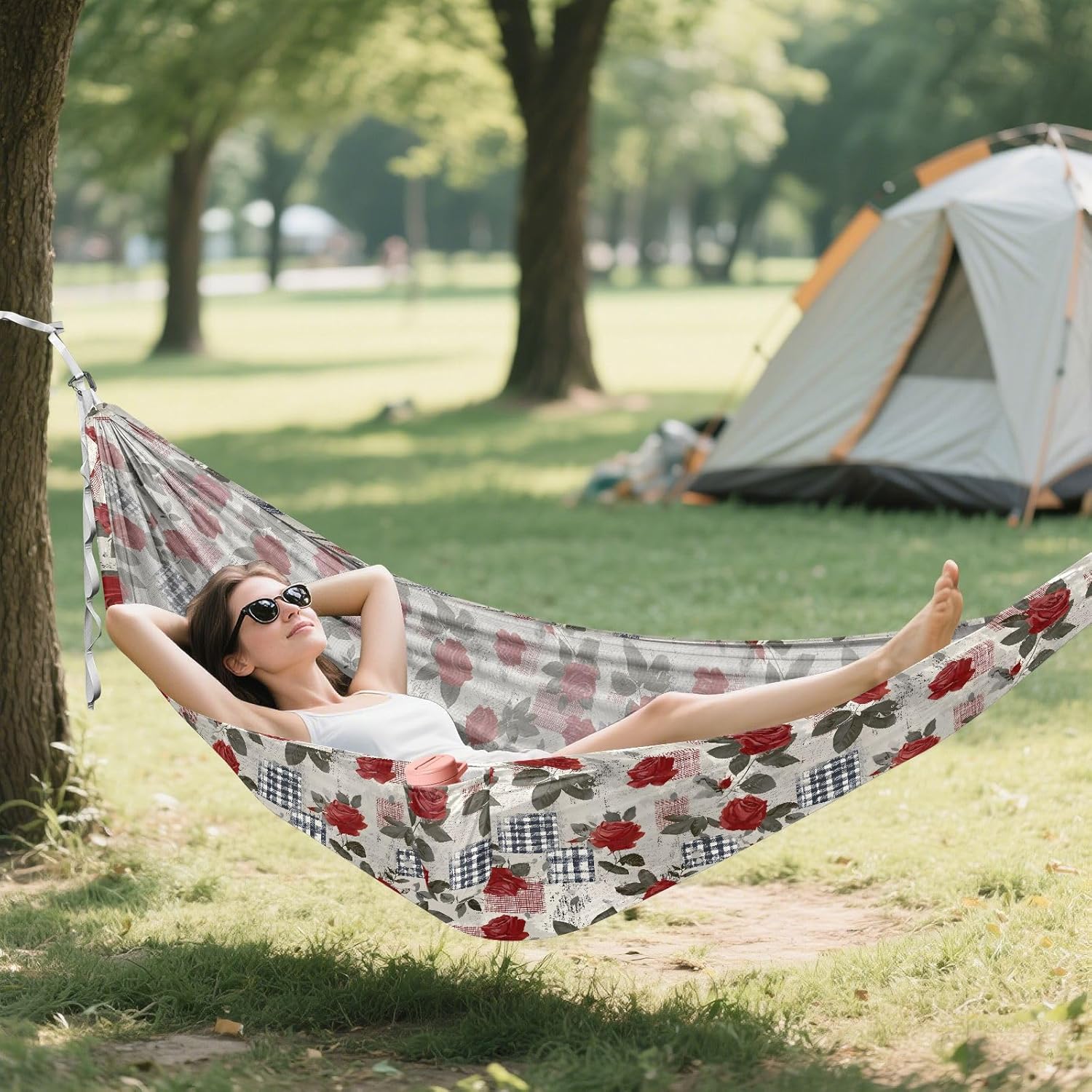 ALAZA Retro Rose Flower Camping Hammocks Single or 2 Person 500 lbs Portable Parachute Travel Hammock w/Tree Straps for Hiking Backpacking Indoor Outdoor