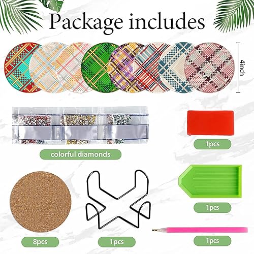 Miniatura 2 de EWJRNSF Juego de 8 posavasos de pintura de diamante con soporte, posavasos de arte de diamante, kit de posavasos pequeños para pintura de diamantes,