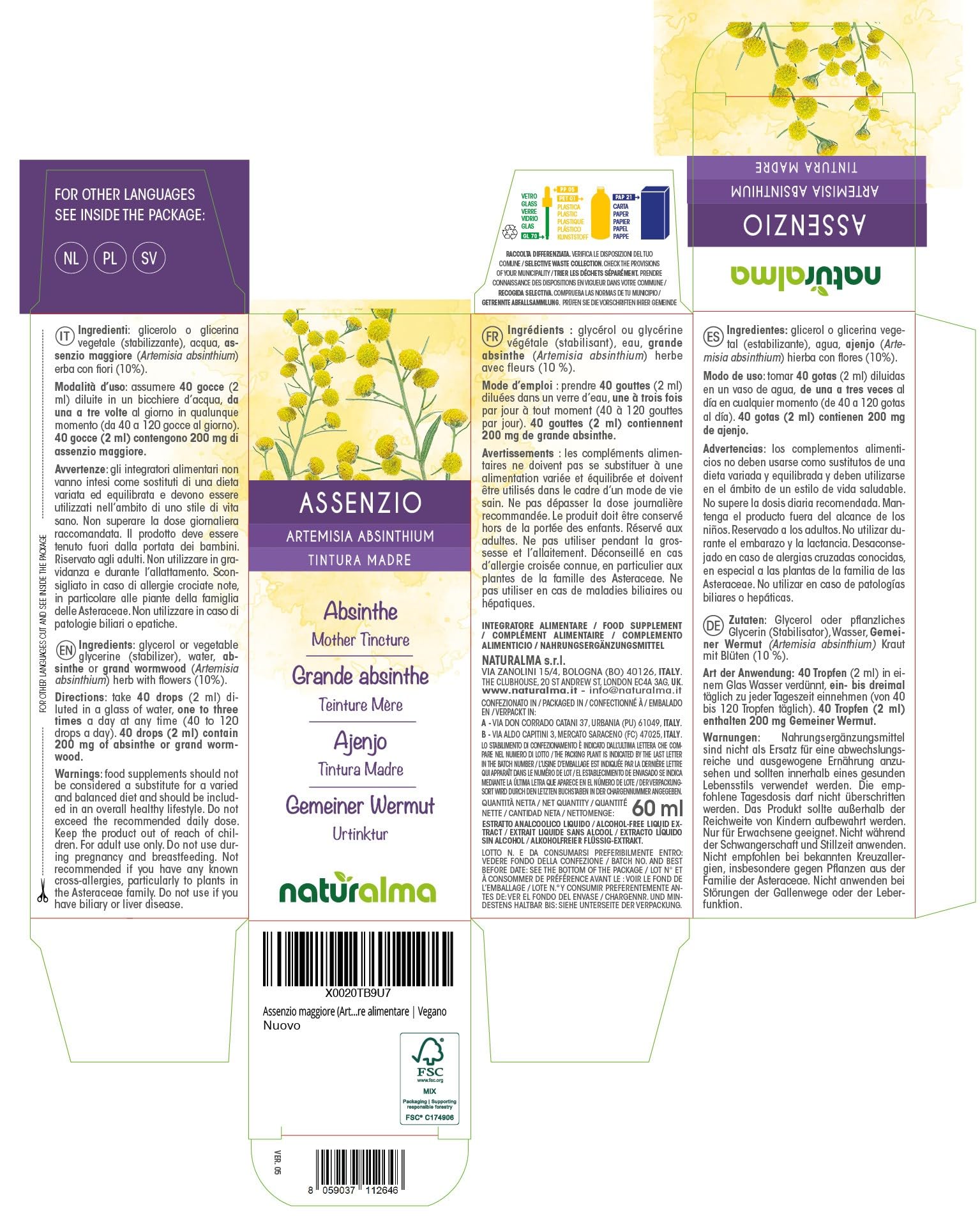 Ajenjo (Artemisia absinthium) hierba con flores Tintura Madre sin alcohol Naturalma - Extracto líquido gotas 60 ml - Complemento alimenticio - Vegano