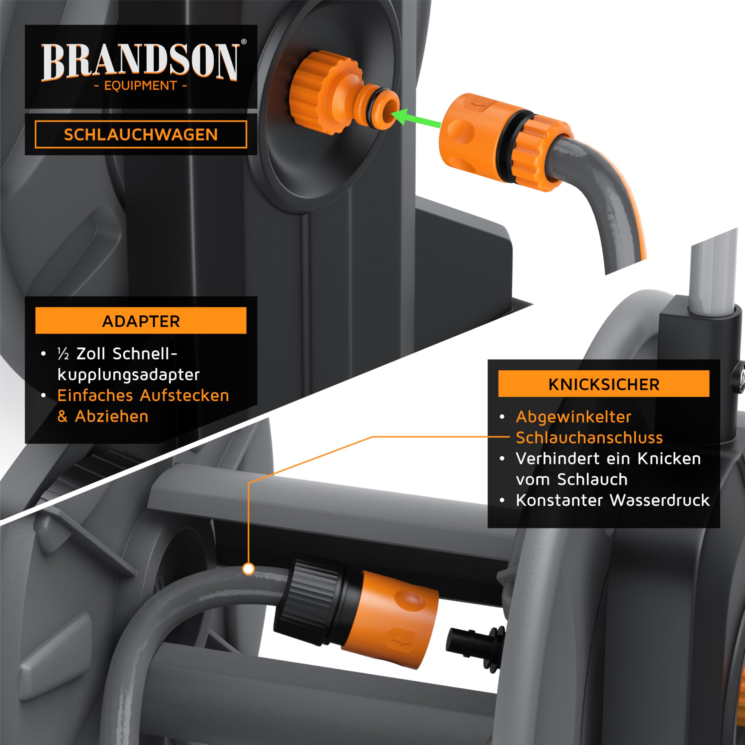 Brandson - Garten Schlauchwagen mit Schlauch/Schlauchtrommel inkl. Gartenschlauch 25 m + 2 m Schlauch plus Zuleitung – 3/4 Zoll - automatische Schlauchführung - Aufrollhilfe – Gardena kompatibel