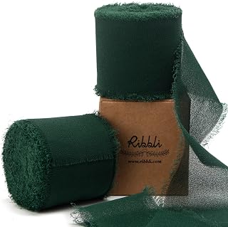 Ribbli Forest Green Chiffon Ribbon 2 Inch x 20 Yard Handmade Fringe Chiffon Silk Ribbon Green Ribbon for Gifts Wrapping, Wedding Invitations, Bridal Bouquets, Flower Arrangement