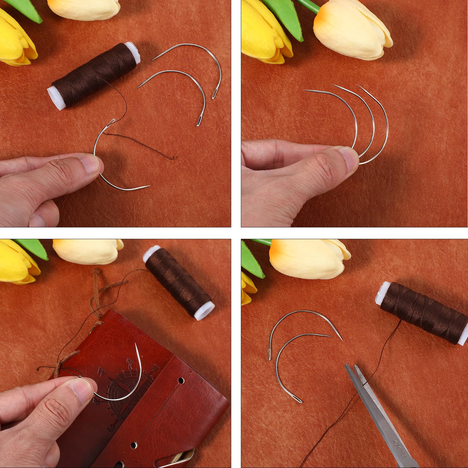 Bruislard Aiguille et fil avec 8 aiguilles coudées et 2 fils de cuir ciré - Kit de couture pour perruque, bricolage, couture à la main, tissage de cheveux (marron, noir)