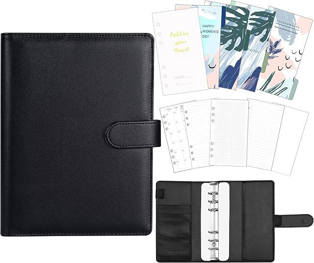 A6 Ring Binder Folders, Refillable 6 Round Ring Binder Cover can Keep 80-100 Sheet Papers, Budget Binder Notepad and Meeting Notebook,Budget Planner for Travel and Diary(Black)