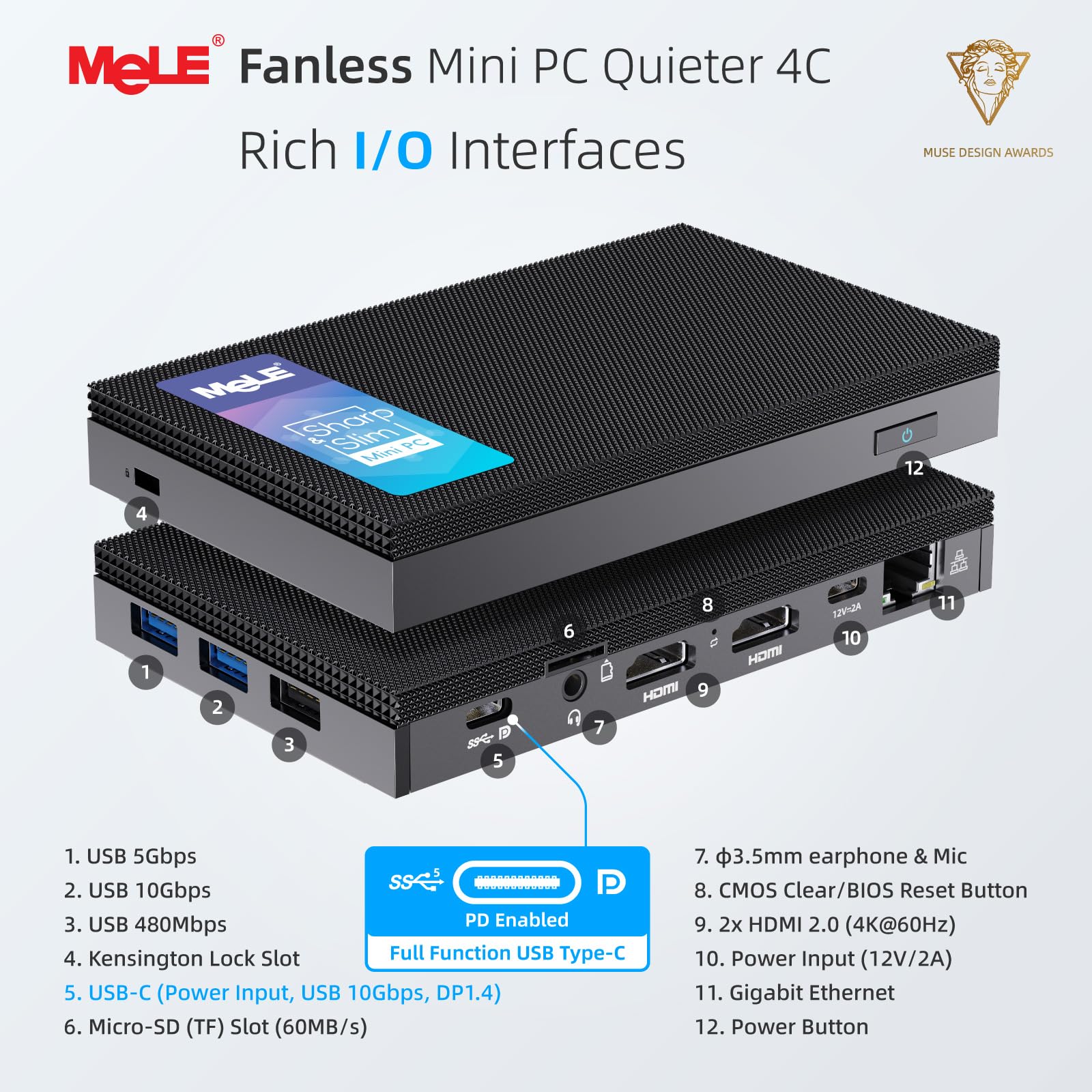 MeLE Quieter4C N150 Mini PC sin ventilador (hasta 3.6GHz 4C/4T) 16GB LPDDR5 512GB Micro computadora de escritorio, compatible con pantalla triple 4K, HDMI dual, USB-C WiFi 5 BT5.1 Ethernet todo en uno