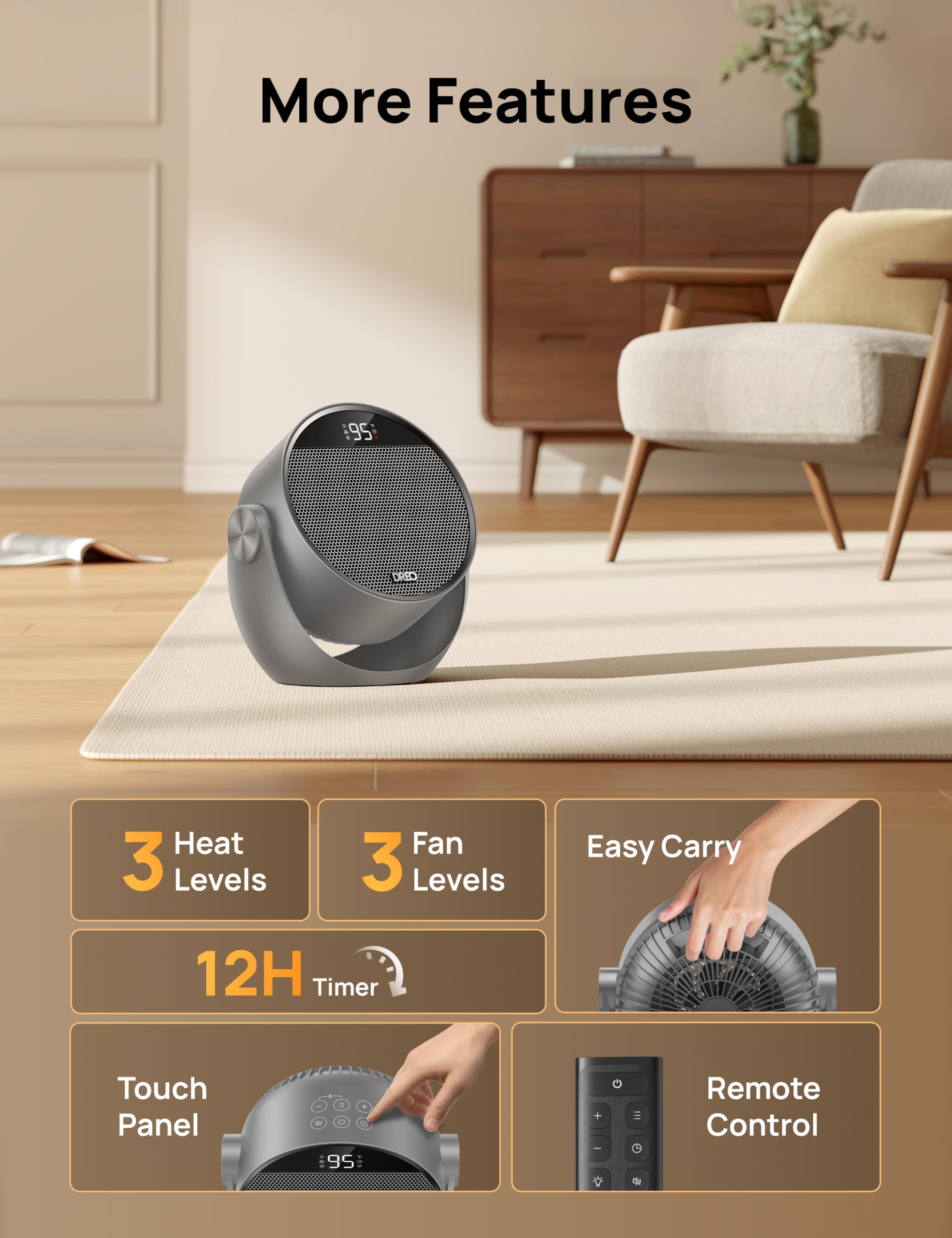 Dreo Calefactor eléctrico 1500W silencioso y de bajo consumo, portátil con mando y termostato, inclinación 60°, 8 sistemas de seguridad, cerámica PTC, temporizador 12h, 3 modos y 3 velocidades