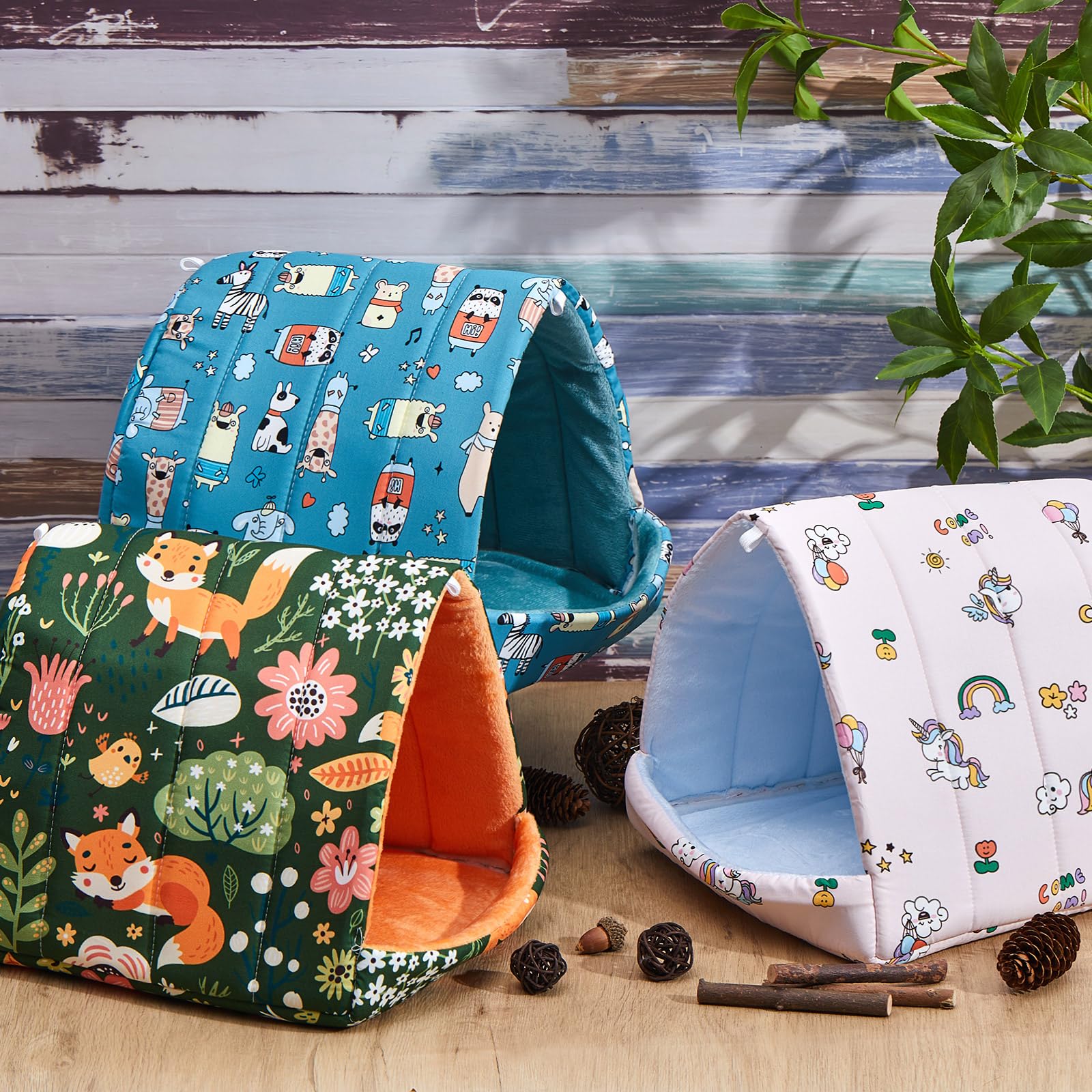 Cinnvoice 4 piezas de escondite de cobayas, túnel de cama para conejo, lavable, accesorios de jaula pequeña para conejo, erizo, ratón, chinchillas, hámsters, hurones, dragones barbudos, ratas (bosque