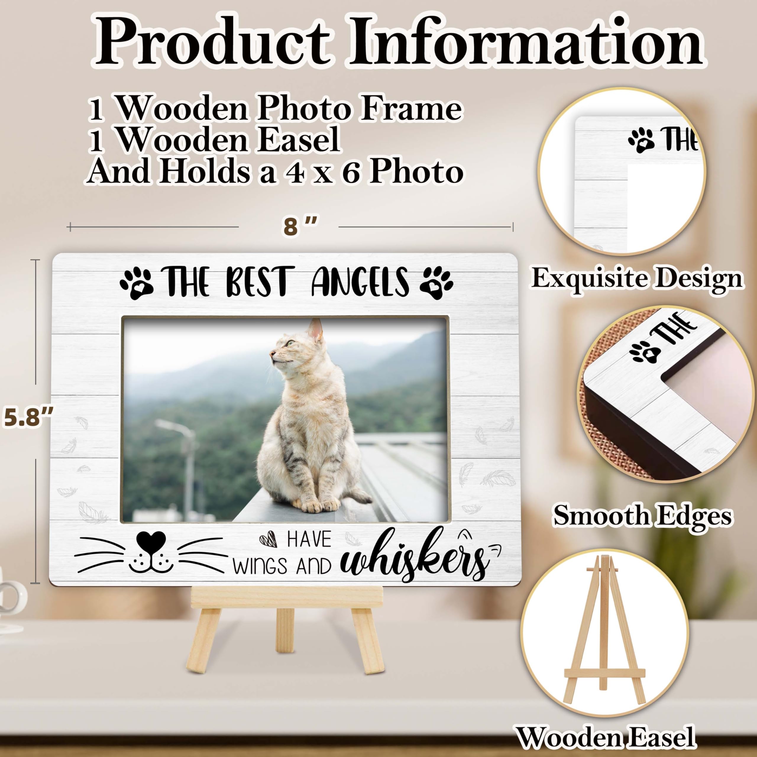 Memorial Gifts for Loss of Cat, Pet Memorial Gifts Wooden Photo Frame with Easel, 4x6 Cat Loss Sympathy Frame for Tabletop Display Photo Insert - G01