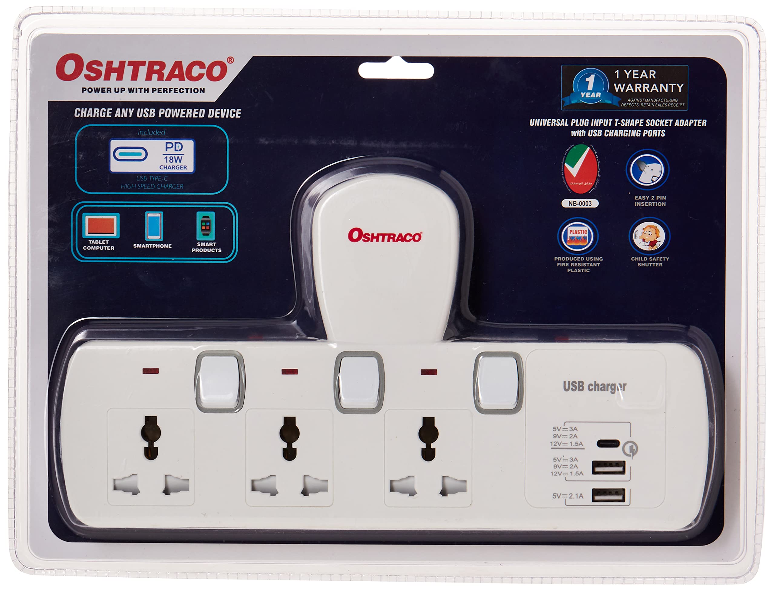 Sponsored Ad β OSHTRACO Power Extension Socket Plug Adapter, 18W USB-C PD Quick Charge Port, 2 USB-A 2.4AMP, 3 Universal Outlets Power Extender, UK 3-Pin plug with light for Home, Office, Kitchen