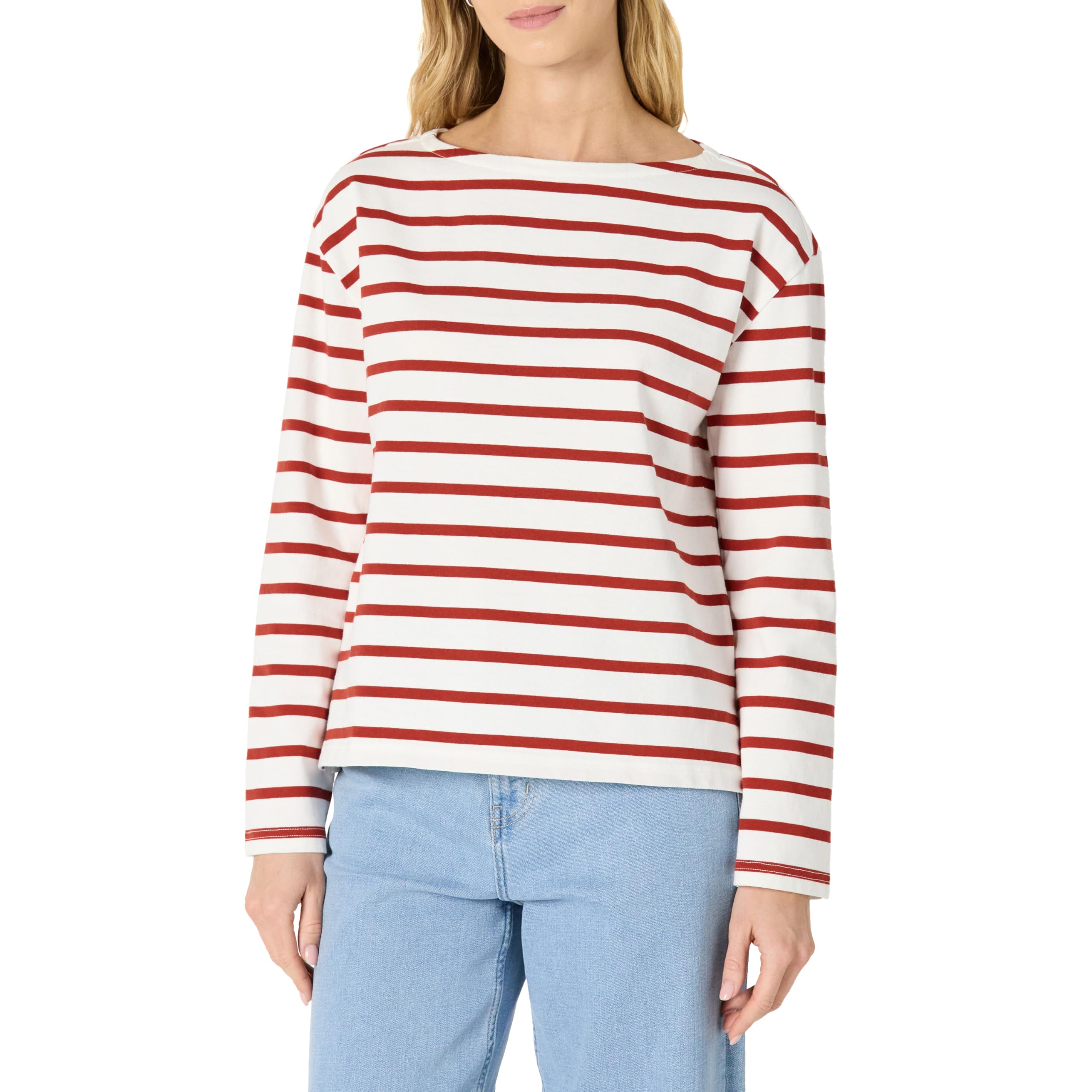 Amazon Essentials Women's 100% Cotton Heavyweight Relaxed-Fit Long-Sleeve Boatneck Top, Eggshell White Mariner Stripe, Medium