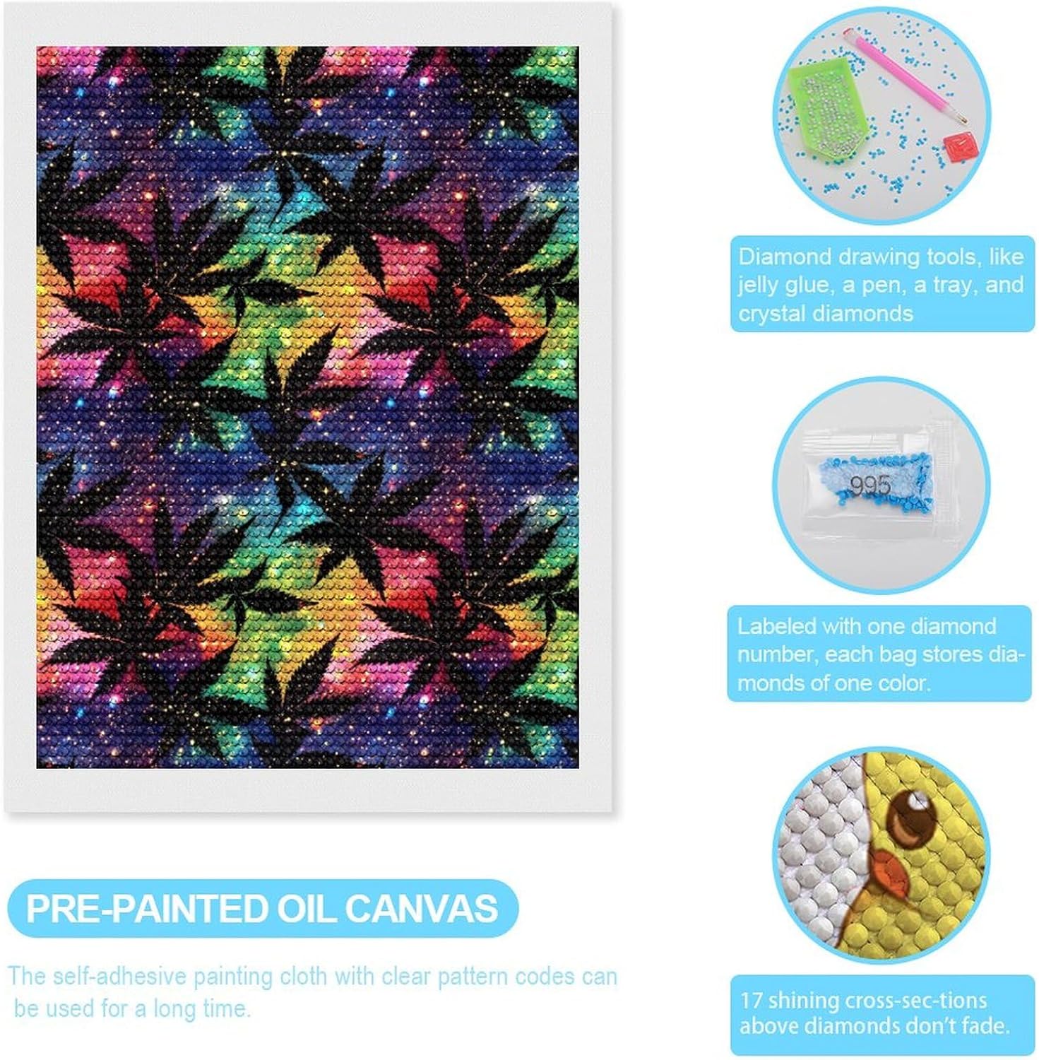 Galaxy Weed Leaves Diamond Art Kits for Adults Diamond Painting Full Drill Paintings Picture Craft for Home Wall Decor 12"x16"