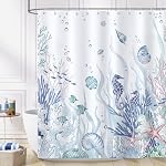 Bonhause Nautical Coastal Rideau de douche, Thème de l'océan Seahorse Seashell Coral Beach Salle de bains Décor 72x72 Inch Polyester tissu imperméable Rideau de bain avec 12 Crochets