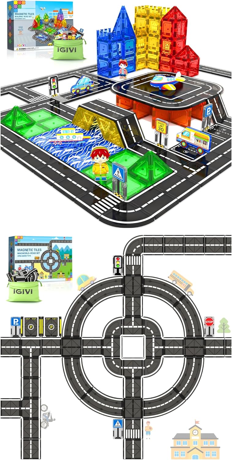 Magnetic Tiles Road Set, STEM Magnetic Building Blocks for Toddler Kid Toys,Creative Montessori Toys for 3+ Year Old Boys & Girls,