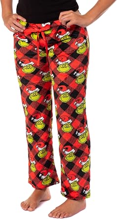 Grinch Pajama Pants Dr Seuss Womans Grinch Holiday Plush Fleece Pants Junior Pajama Pants Adjustable Waistband