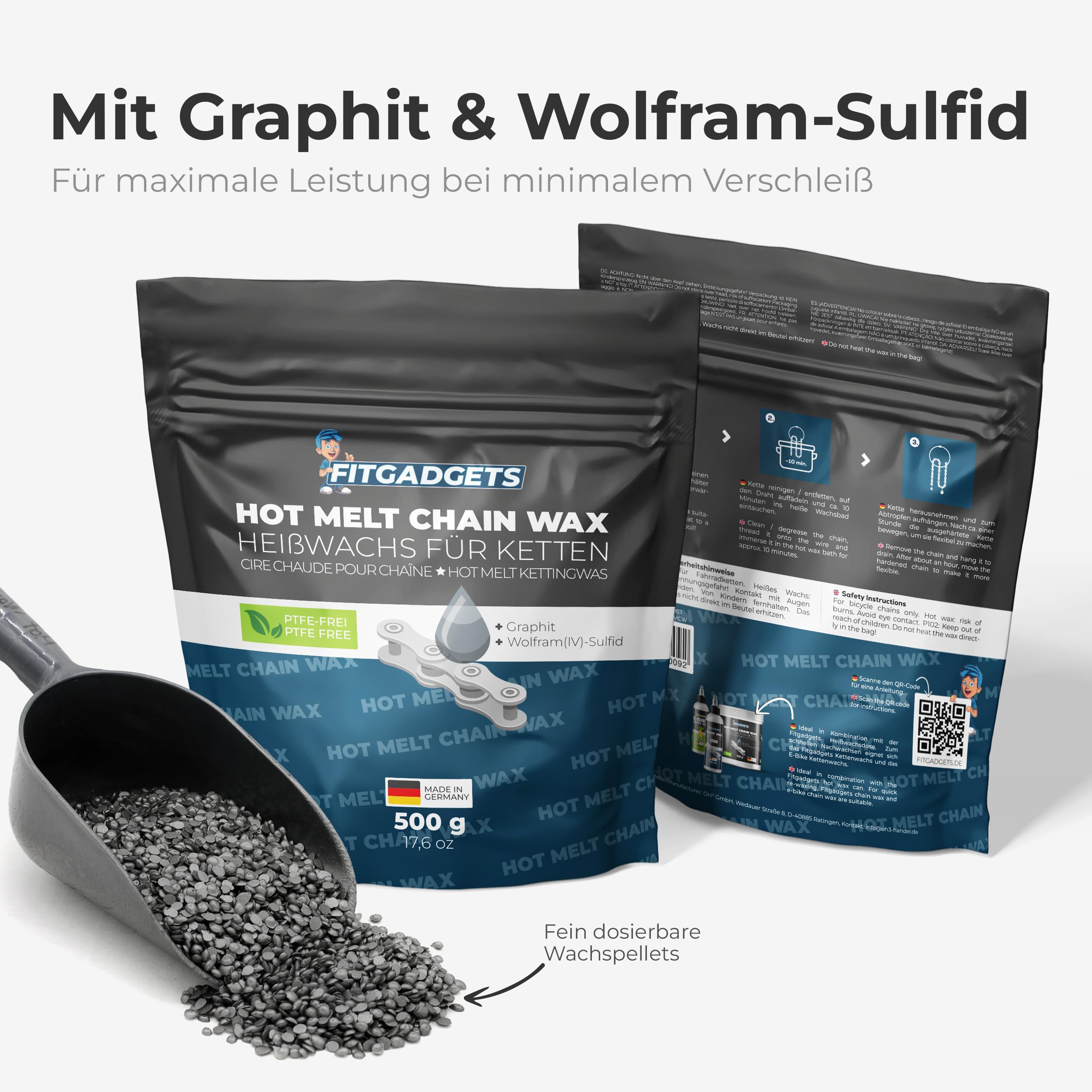OH3 Fitgadgets Cera Calda per Catene di Bici 500g Pellet - Cera a Caldo per Catena con Grafite & Solfuro di Wolfram - Lubrificante a Cera per Bici Race, MTB & Gravel