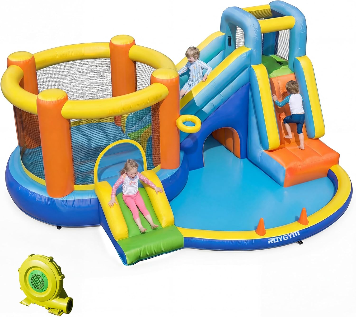 Inflatable Bounce House, Kids Bounce House with Jumping Double Slide Climbing Wall Basketball 450W Blower for Indoor Outdoor