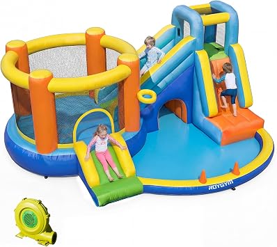 Bounce House, 8 in 1 Blow Up Kids Inflatable Bouncy House with Jumping Double Slide and 450W Blower, Kids Bouncehouse with Climbing Wall Basketball for Indoor Outdoor Backyard Summer Fun