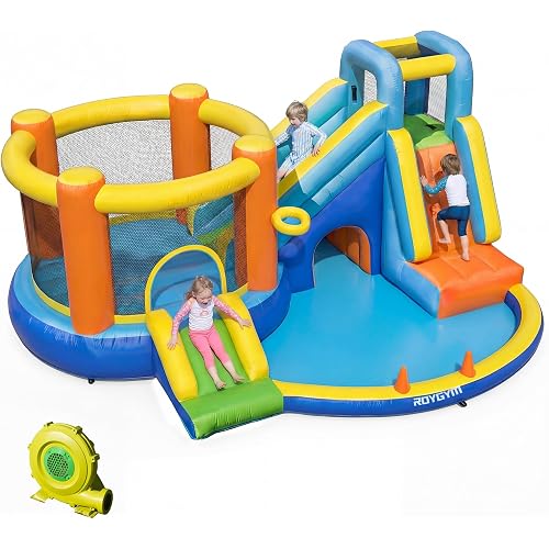 Bounce House, 8 in 1 Blow Up Kids Inflatable Bouncy House with Jumping Double Slide and 450W Blower, Kids Bouncehouse with Climbing Wall Basketball for Indoor Outdoor Backyard Summer Fun
