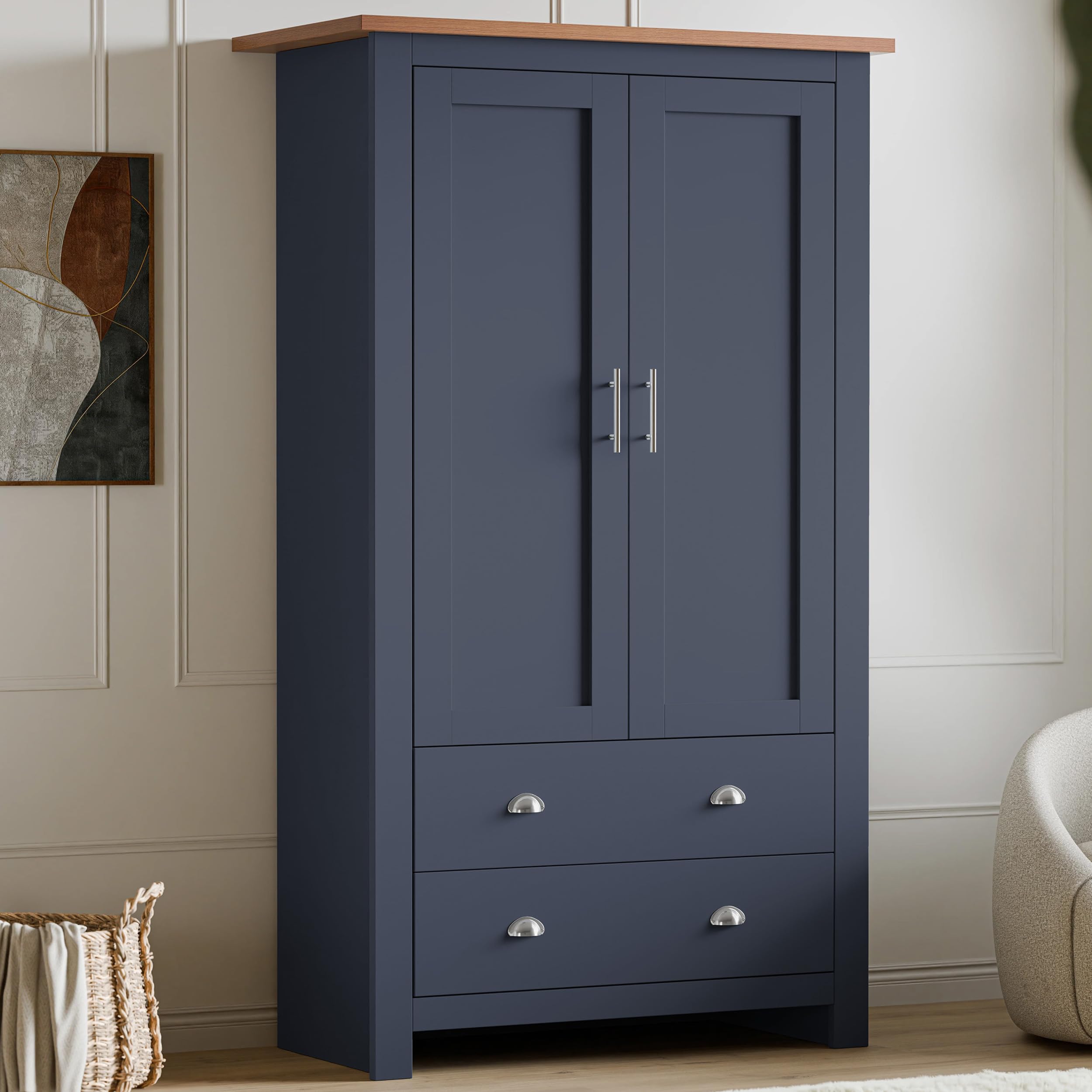 Blisswood Wardrobe for Bedroom, 2 Door 2 Drawer Wooden Wardrobe with Hanging Rail, Modern Large Storage Cupboard Unit Double Wardrobe Closet Organiser with Shelf for Bedroom Living Room Furniture_Blue