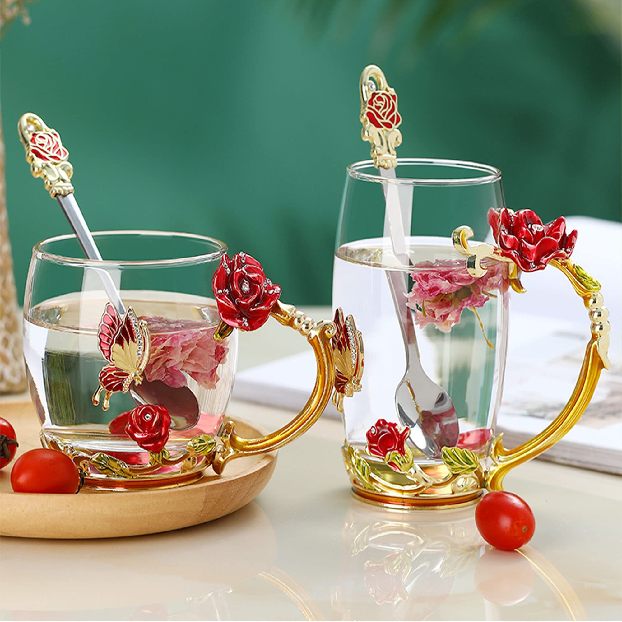 Tazza In Vetro Con Coperchio E Cucchiaio Farfalla - 320 Ml, Resistente Al Calore, Design Rosa E Fiori - Ideale Per Caffè, Tè E Bevande Calde - Foto 8