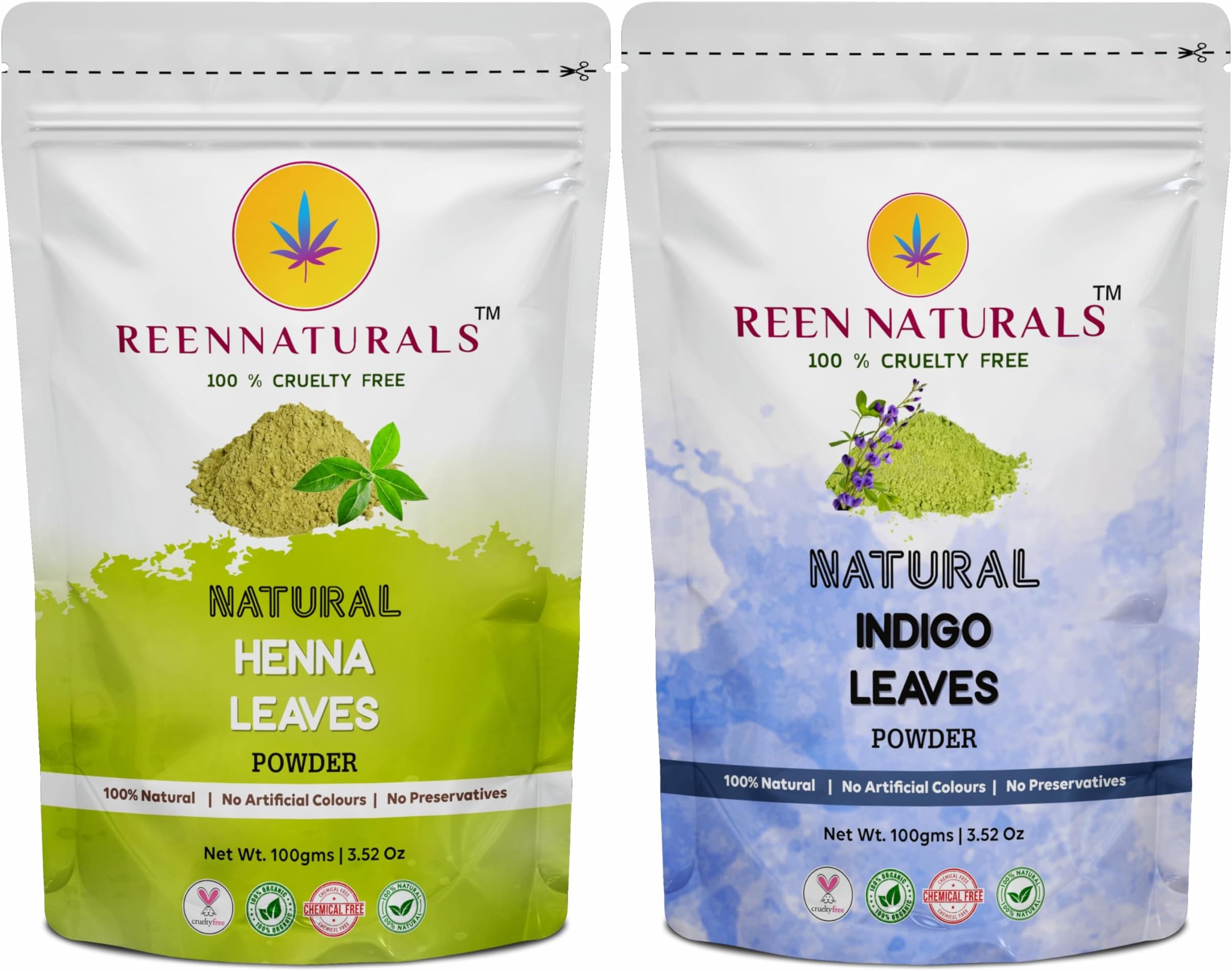 Reen Naturals Henna And Indigo Powder For Black Hair | Natural Hair Dye | Combo Pack Of 2 (100 Gms Each)