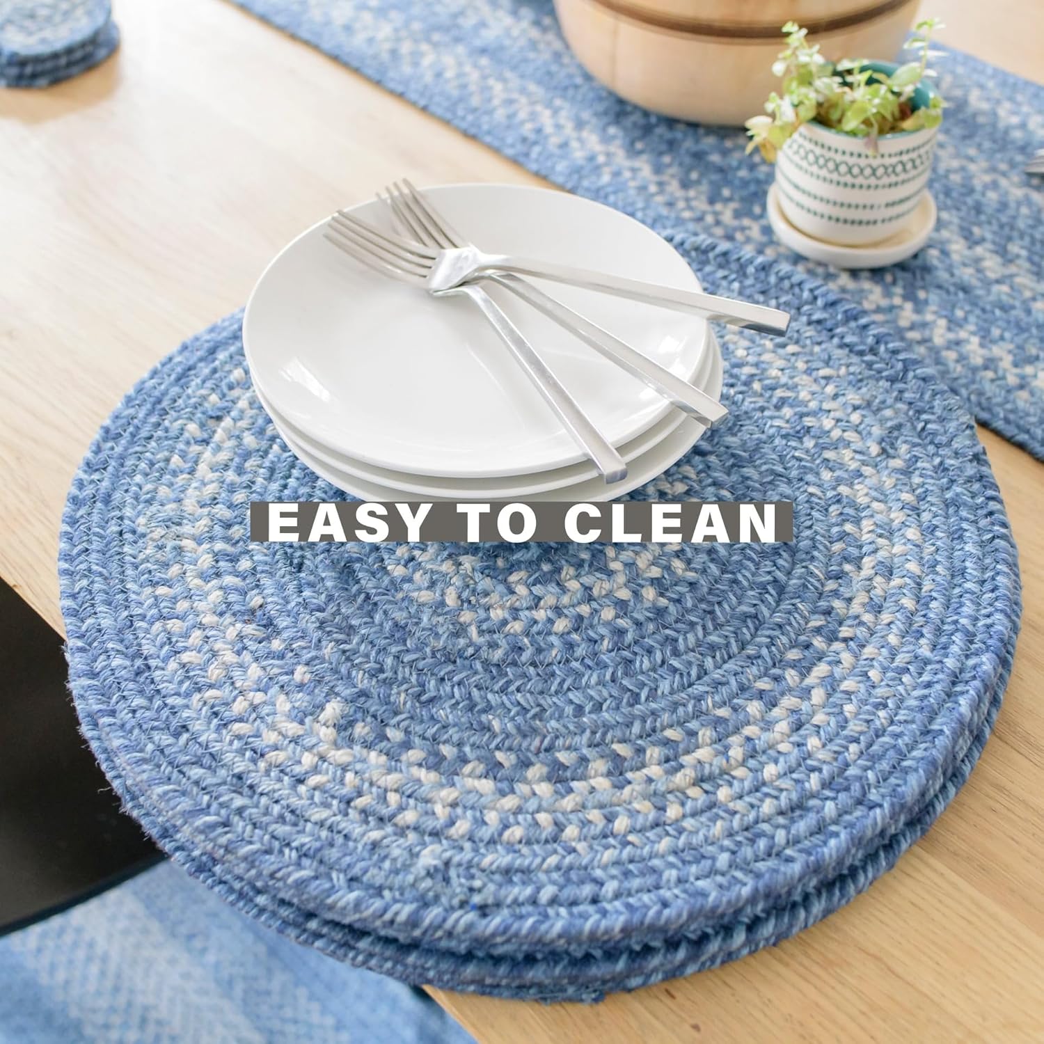 Homespice Denim Jute Braided Kitchen Trivets for Hot Dishes, Country Coastal Decor, Set of 6, Blue 8" Round Heat Resistant Mats - Rich Colors, Easy to Clean, Durable and Protects Furniture