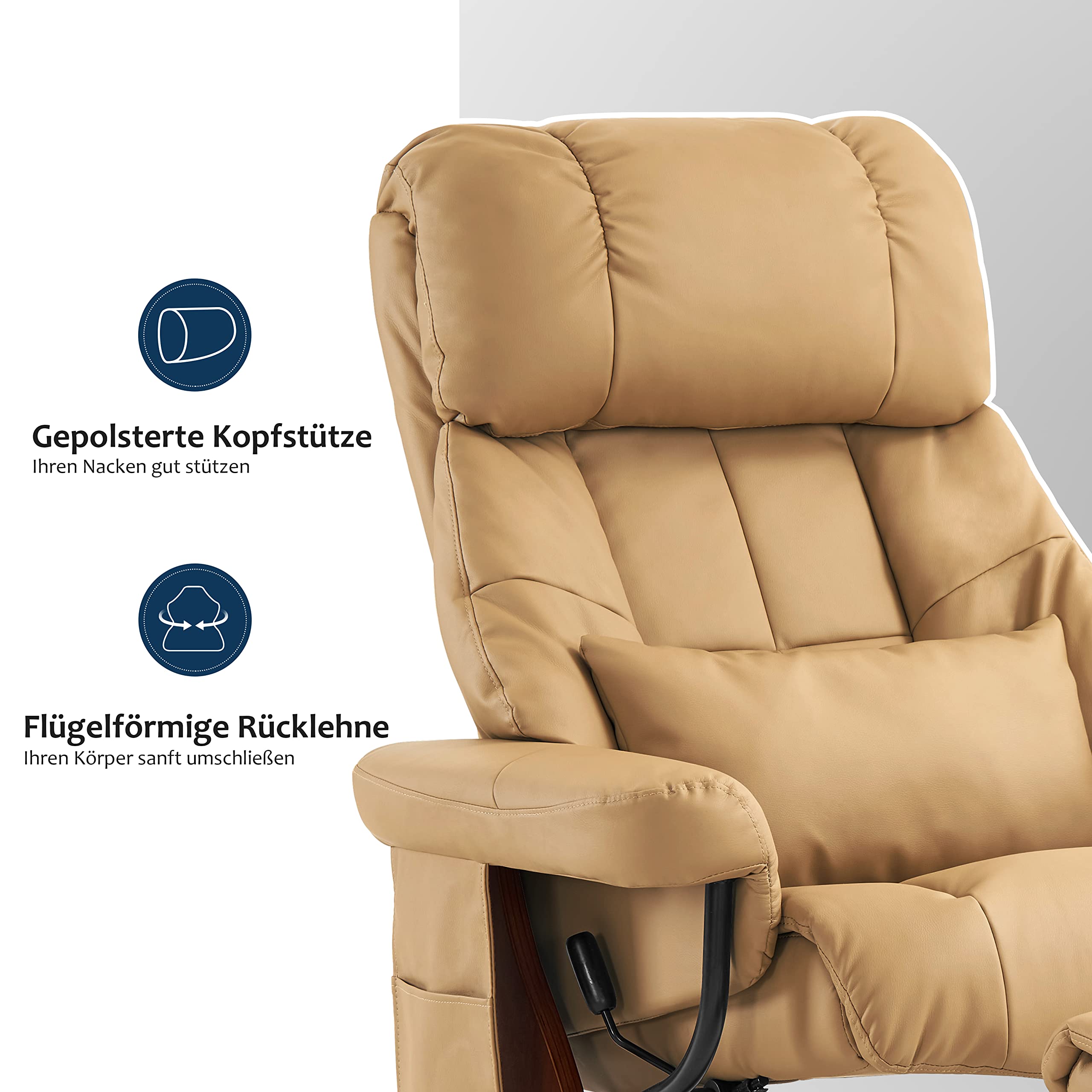 M MCombo Massagesessel mit Hocker, 360° drehbarer Relaxsessel mit Liegefunktion, moderner TV-Sessel Fernsehsessel mit Seitentasche für Wohnzimmer, Kunstleder, 9068 (Gelbbeige)