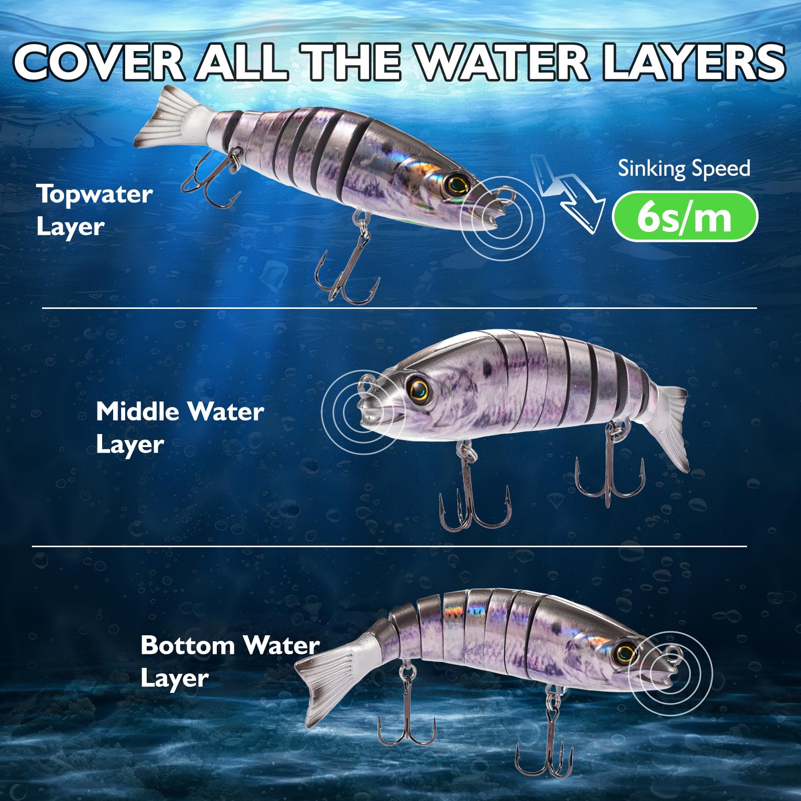 FONMANG SWIMPRO Swimbaits – Leurres de pêche au brochet du Nord – 16,5 cm – Appâts glissants pour la pêche au bar – 3 appâts multi-articulés – Leurres musqués avec finition bionique holographique 3D