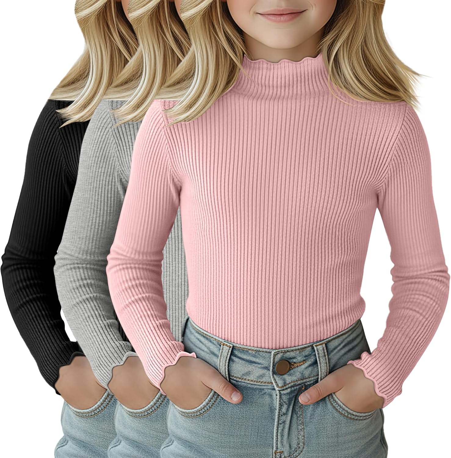 3 Pack Girls Lettuce Trim Mock Neck Cotton Long Sleeve Shirts, 5-14 Years Ribbed Slim Tops Casual Layer Basic Tees