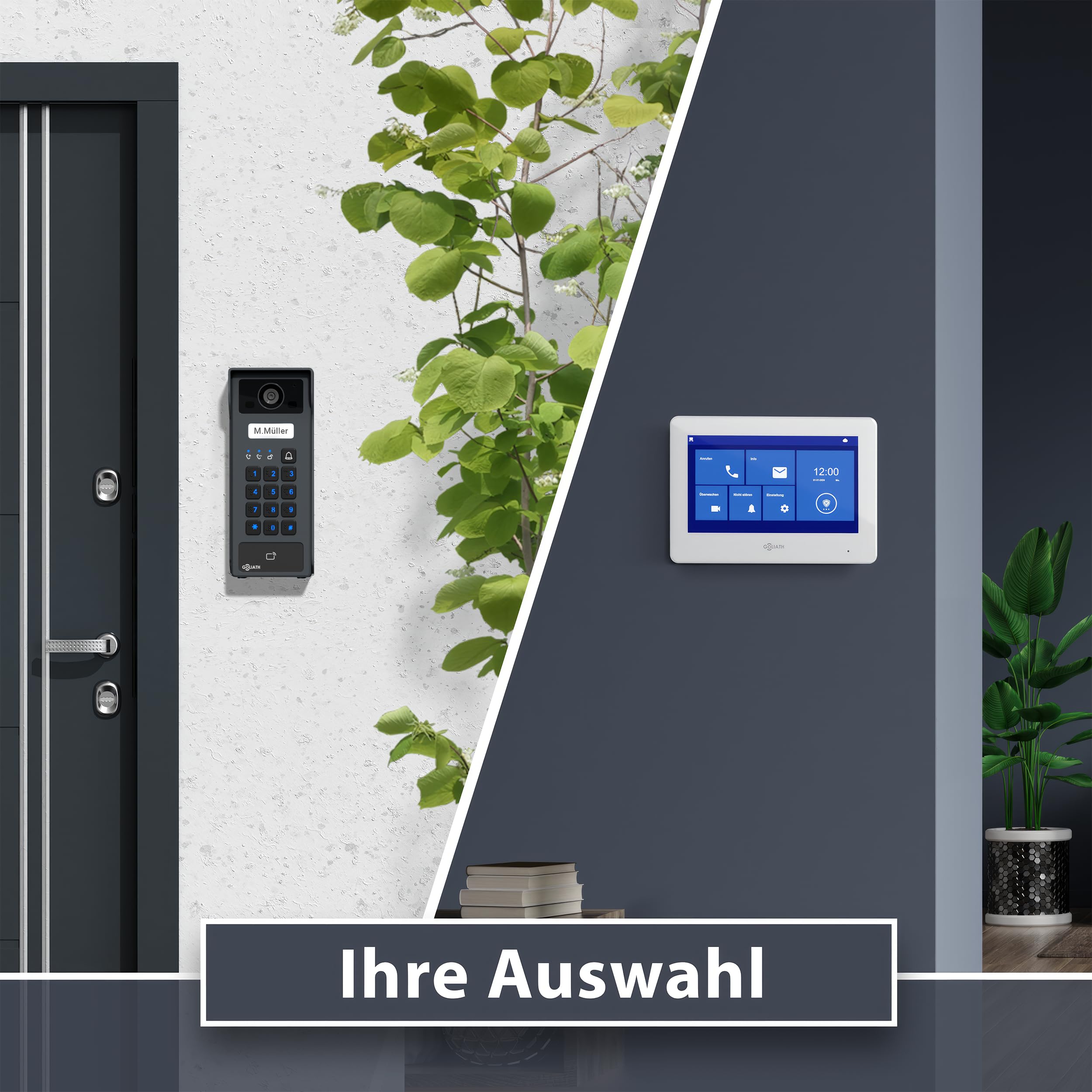 GOLIATH Basic 2-Draht Bus Video-Türsprechanlage, Full-HD, App-Steuerung, 2X 7 Zoll Monitore in Weiß, RFID & Keypad, 1-Familienhaus, Aufputz, AV-BLS-K-02W