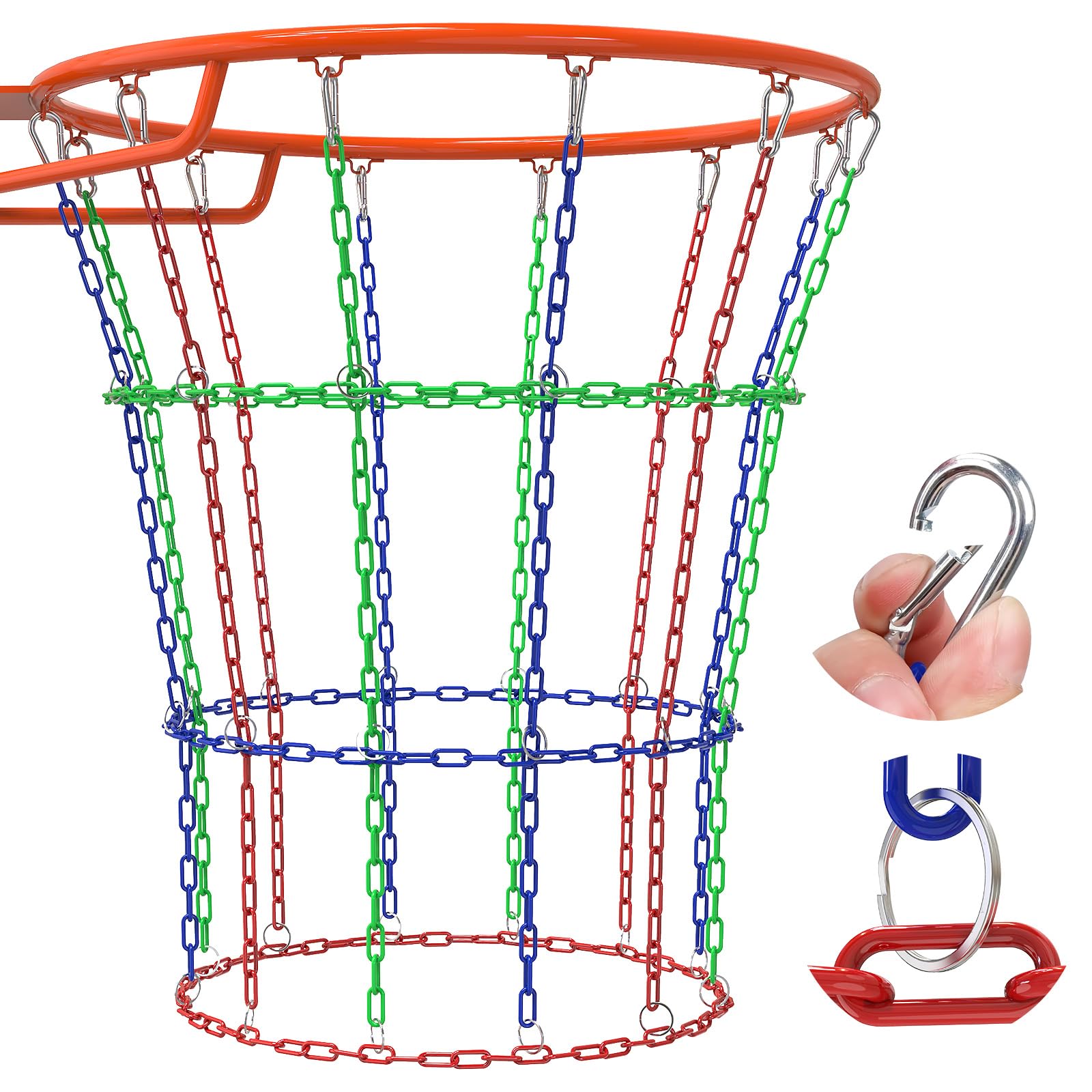 Kipika Heavy-Duty Basketball Hoop Net, Rust-Resistant Carbon Steel Chain Net to Fit Standard 46cm Hoops, 12-Loop Design for Indoor and Outdoor Use (B-Green/Red/Blue)
