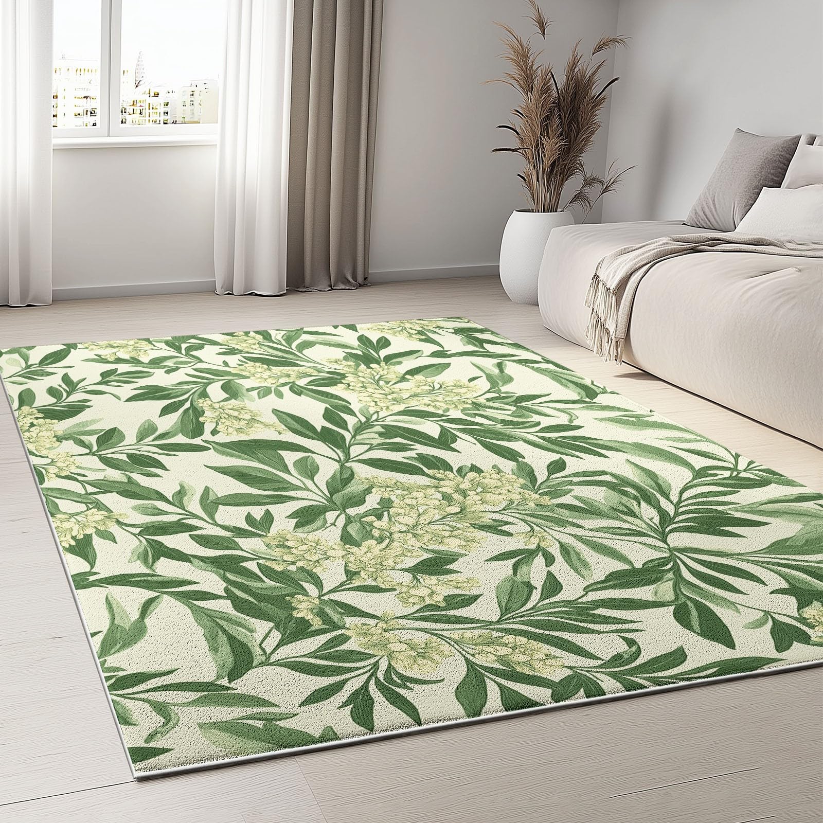 Générique Tapis 160 x 230 cm Salon Chambre à Coucher Bureau, Doux et Antidérapant Lavable en Machine Tapis Décoratif Intérieur Motif Plantes Vert Sauge et crème
