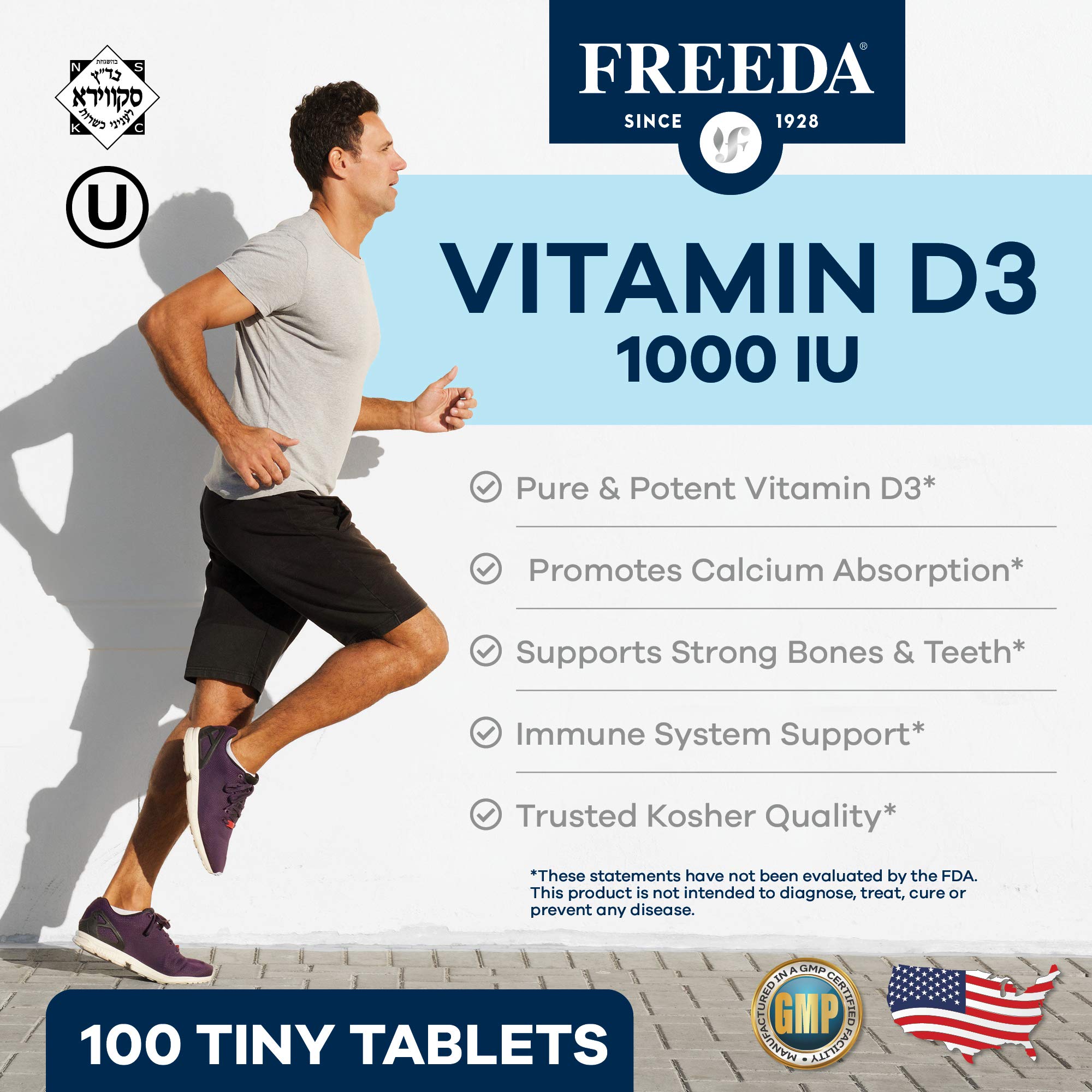 FREEDA Vitamin D3-1000 IU - Pure High Potency Kosher Supplement Tablets - Bone and Muscle Health, Calcium Absorption, Immune Support for Men and Women* - 100 Count — Amazon image 5