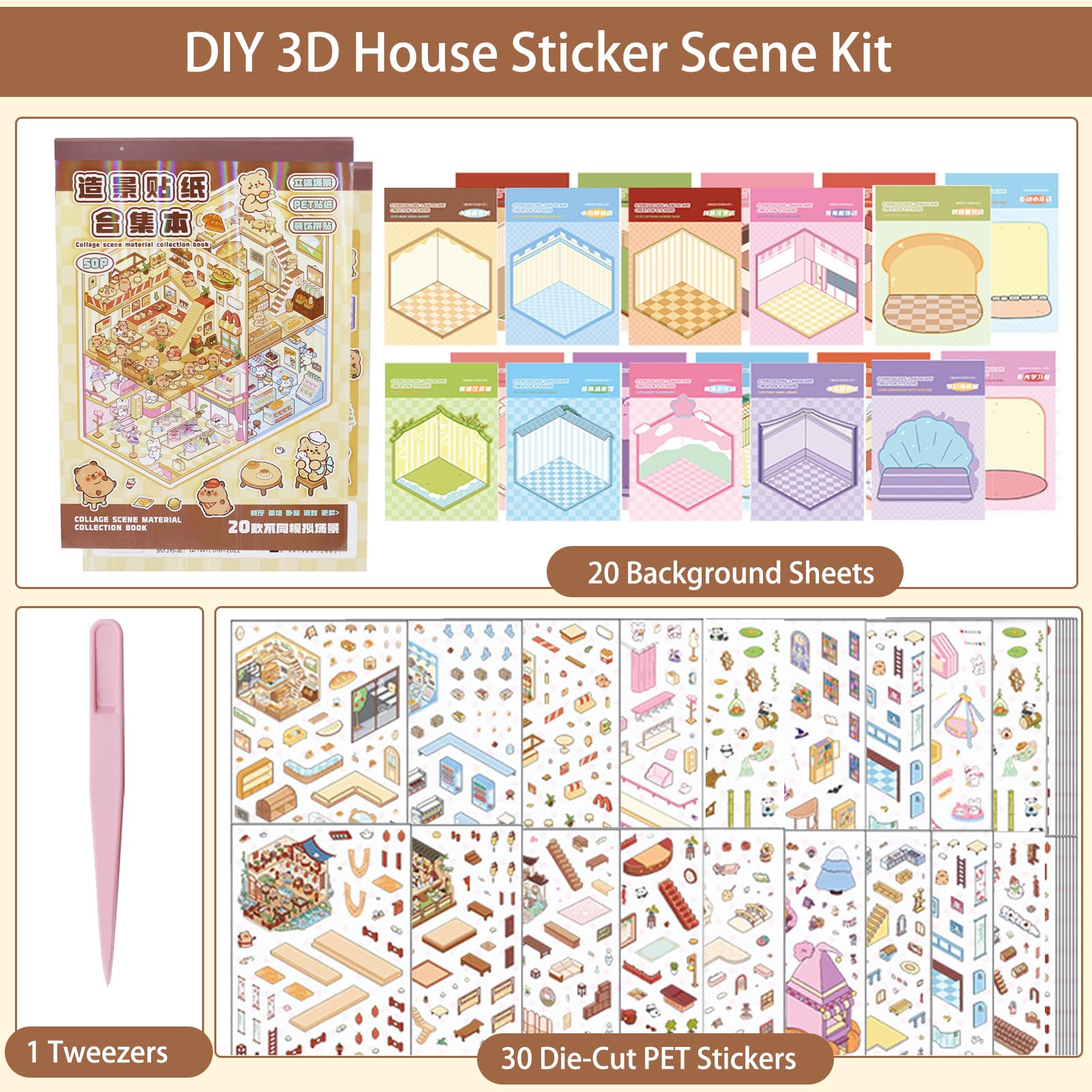 Sythrix 20 Sets DIY 3D House Stickers Kit, DIY Fun Miniature Creative Scene Sticker Book with Tweezers - Image 2