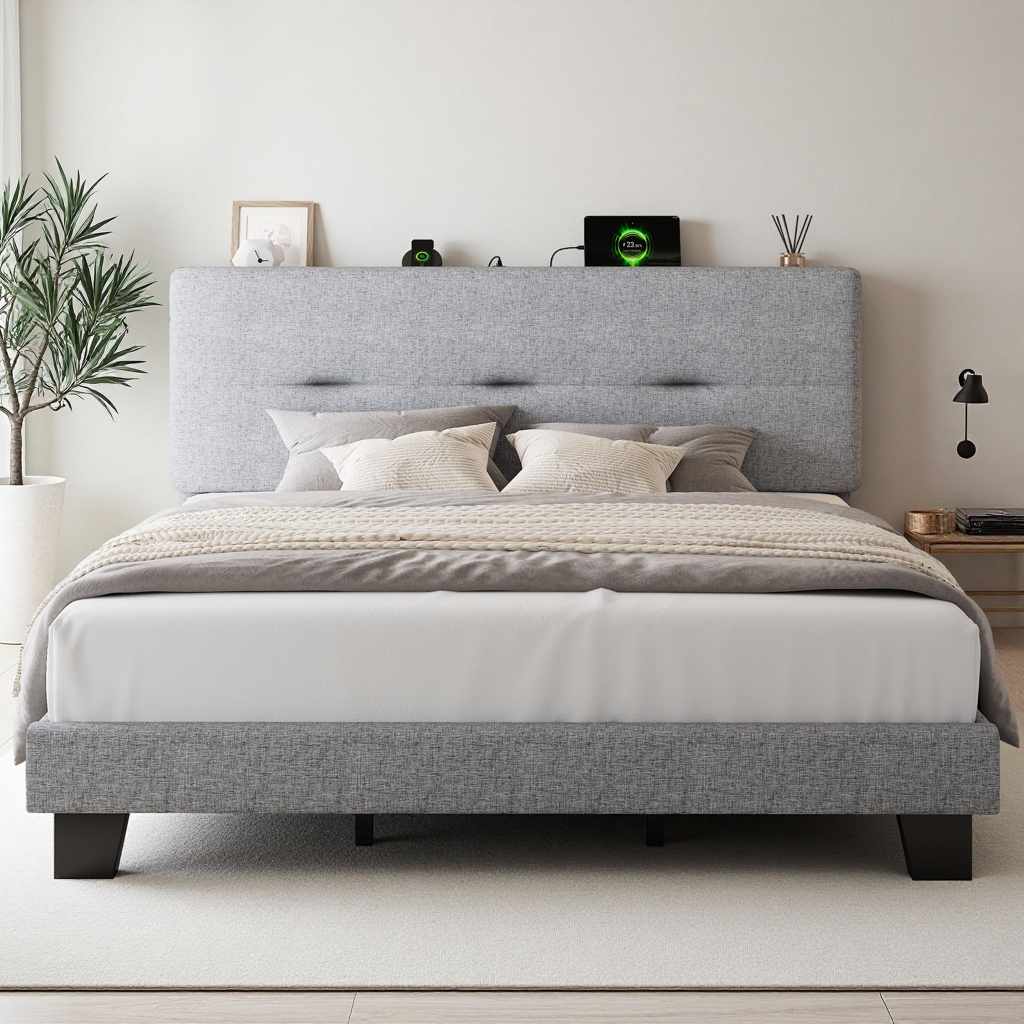 FEONASE 6ft Super king Bed Frame with Charging Station, Linen Upholstered Platform kingsize Bed Frame with Storage Headboard, Sturdy Wooden Slat Support, Noise Free, Easy Assembly, light gray