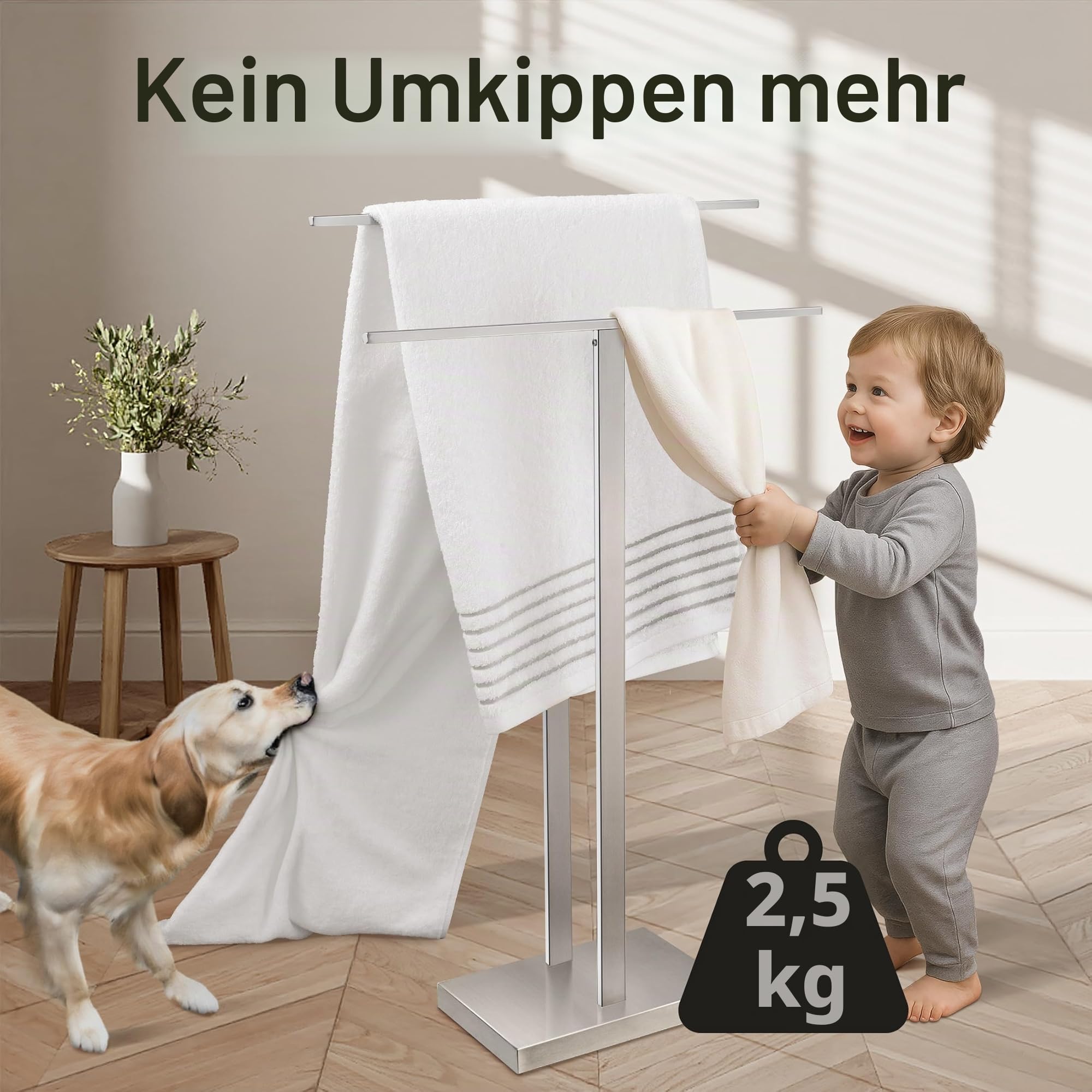 KES Handtuchhalter Stehend, Handtuchständer Bad Doppel Handtuchstange Edelstahl 18/8 Badetuchhalter Freistehend Gebürstet, BTH231-2