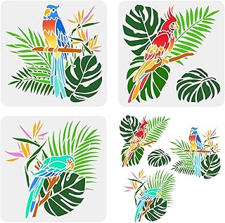FINGERINSPIRE 3 Pcs Parrot Stencil 11.8x11.8 inch Animal Wildlife Macaw Bird Stencil Template Plastic Parrot Palm Leaf Flowers Pattern Painting Stencil Reusable Stencil for Wall Furniture Home Decor