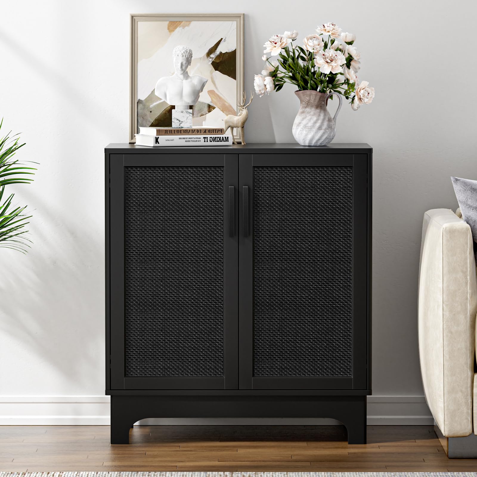 Noir Meuble de Rangement et Rotin, Buffet Salon Moderne avec Étagères Réglables, Meuble de Cuisine avec 2 Portes, Armoire de Rangement pour Salon, Cuisine, Chambre