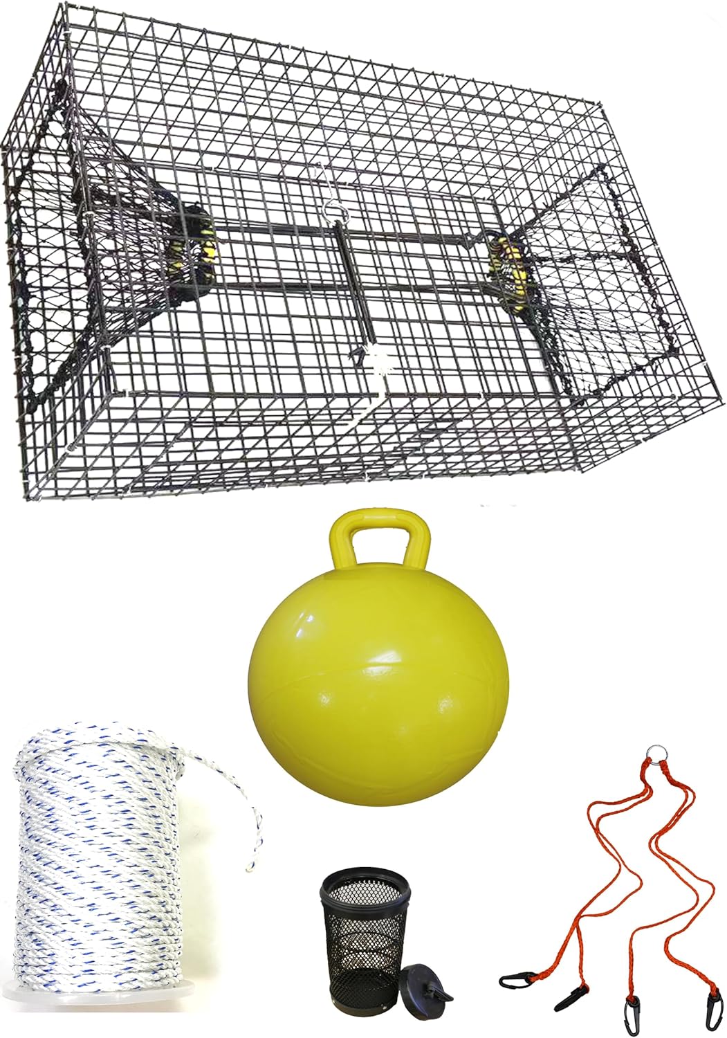 KUFA Sports Vinyl Coated Metal Mesh Prawn Trap (Mesh Size:1"x1") with 400' Rope, Yellow Float, Bait Bag & Harness Combo