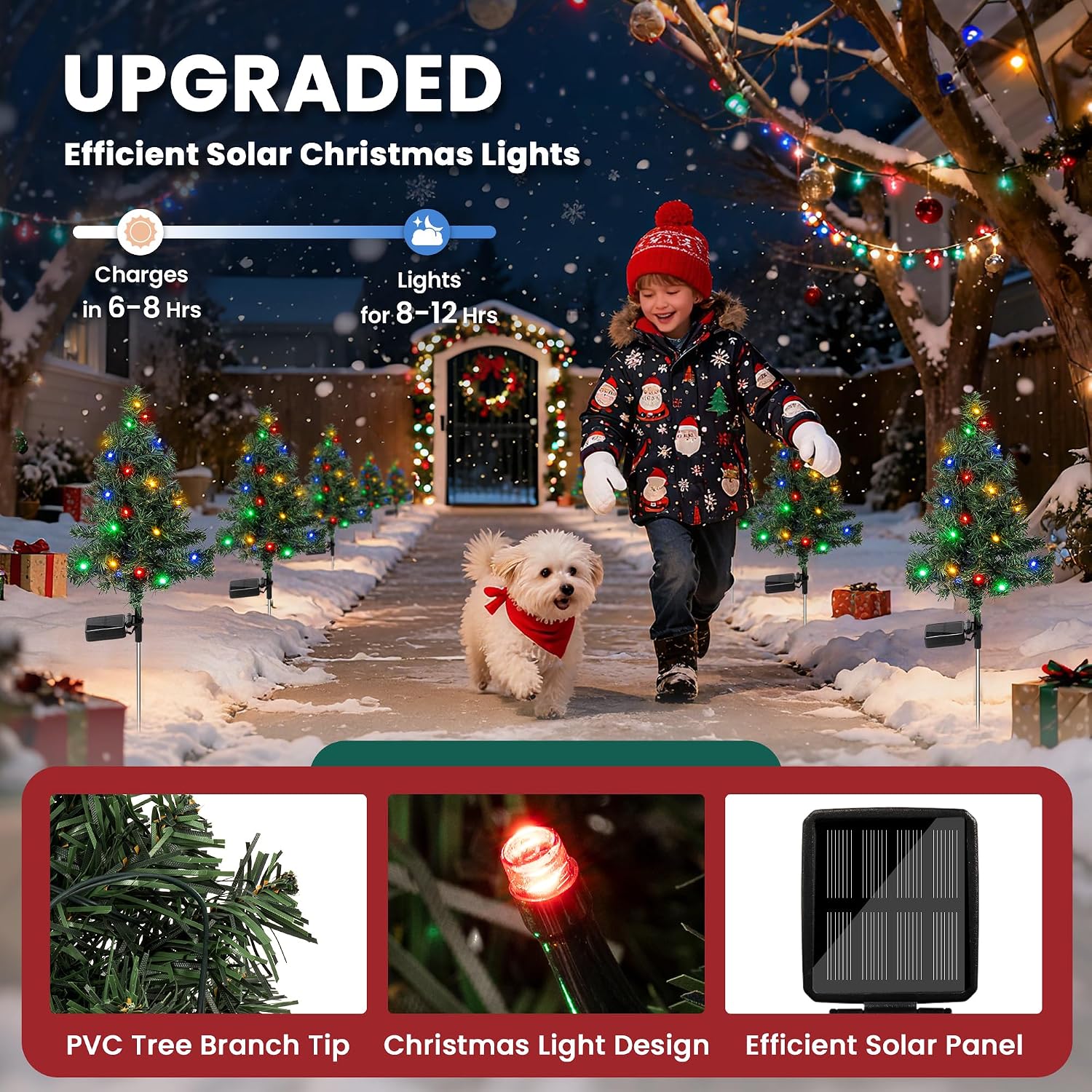 TISEJOY Christmas Tree Solar Lights Decoration Gifts Outdoor, Decorative Navidad Solar Tree Lights with Multiple Modes, Waterproof Xmas Decorations for Outside, Garden Yard Patio Decor 2 Pack