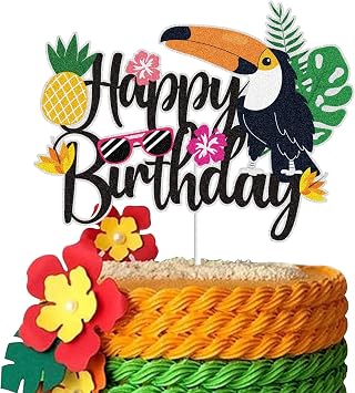 Toucans Happy Birthday Cake Topper Black Glitter Hawaiian Luau Palm Leaf Jungle Cake Decor Tropical Bird Theme Birthday Party Supplies
