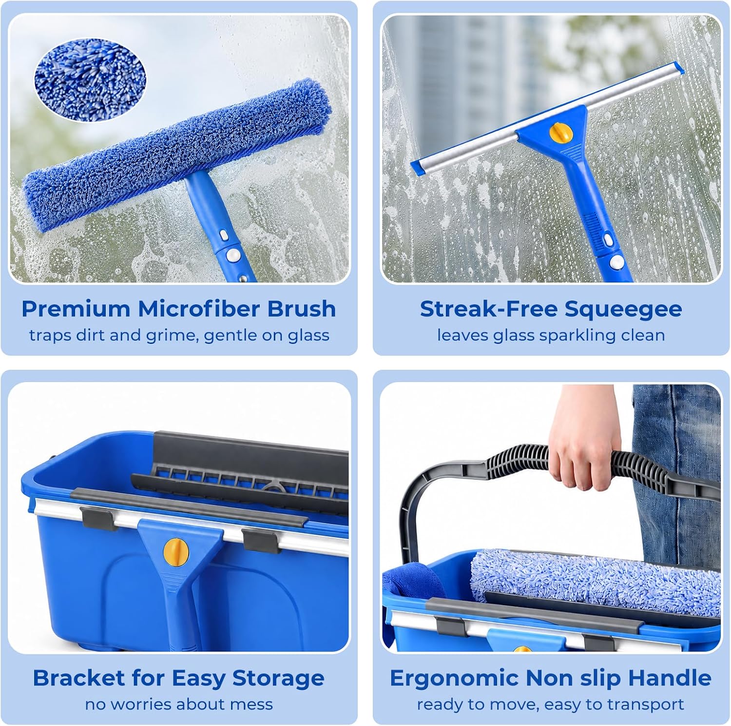 UFORU Professional Window Cleaning Kit with Bucket, 3 Gallon Set with 14" Window Squeegee, 15" Microfiber Scrubber and 76" Long Handle for High Window, Home, Outdoor, Commercial and Car Glass Cleaning thumbnail