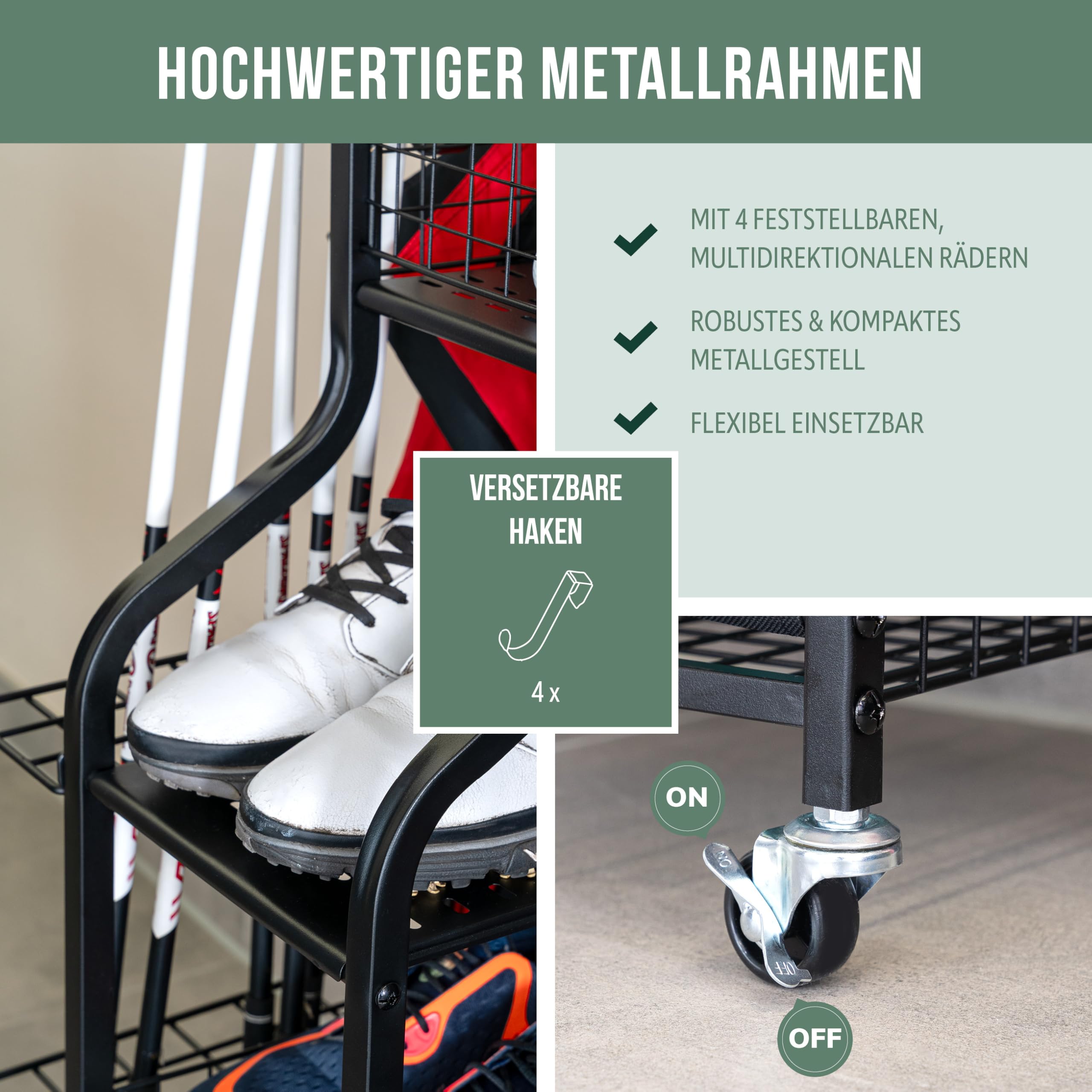 eluno Golftaschen-Organizer, Regalwagen mit stabilen Ablagefl�chen und K�rben, Aufbewahrungsregal passend f�r 2 Golftaschen und Golfausr�stungszubeh�r, Golftaschenhalter, aus schwarzem Stahl