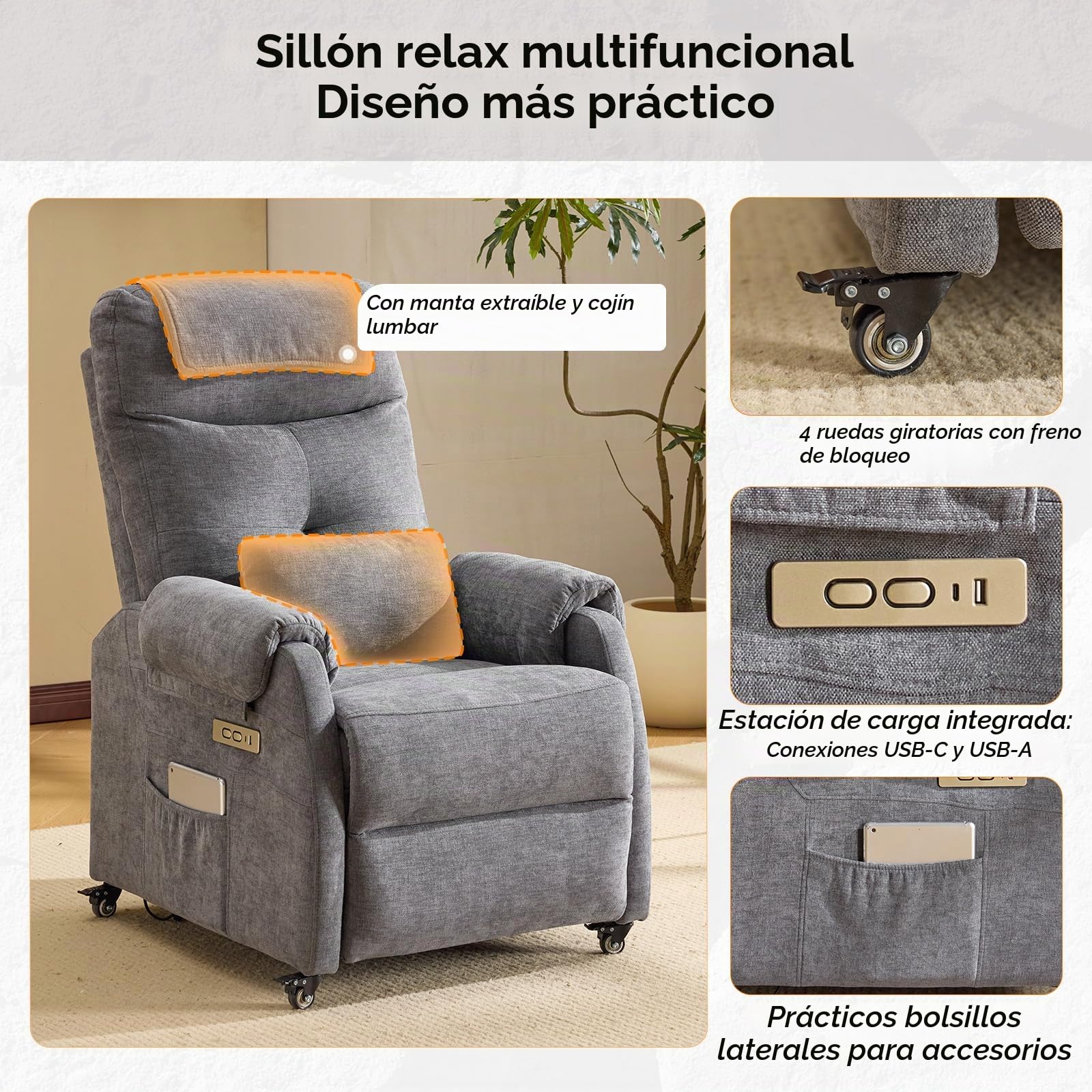 Bonnlo Sillón de relax, sillón de televisión, sillón de masaje eléctrico con función reclinable, sillón de TV, masaje de 6 puntos y función de calor, puertos USB-C y USB-A, 1 bolsillo lateral, tela de