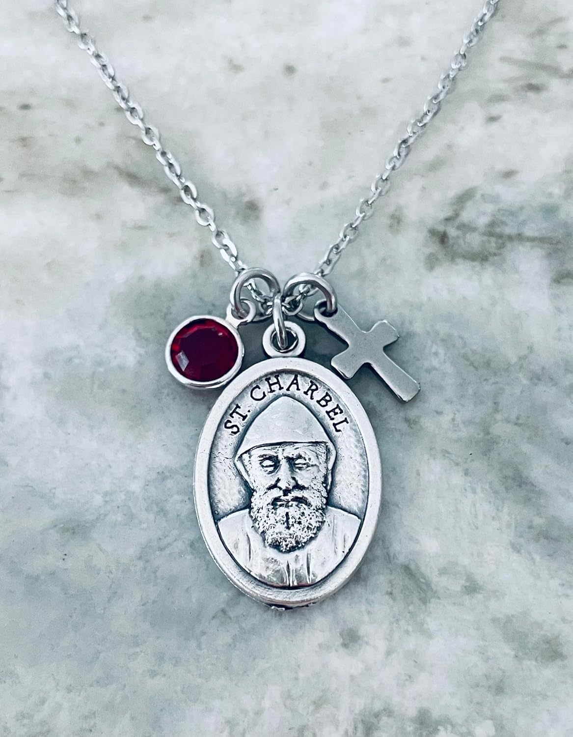 Saint Charbel Makhlouf Medal Necklace with Cross and Birthstone – Silver Catholic Jewelry – Patron Saint of Miracles – Stainless Steel Chain 16-24" - Image 5